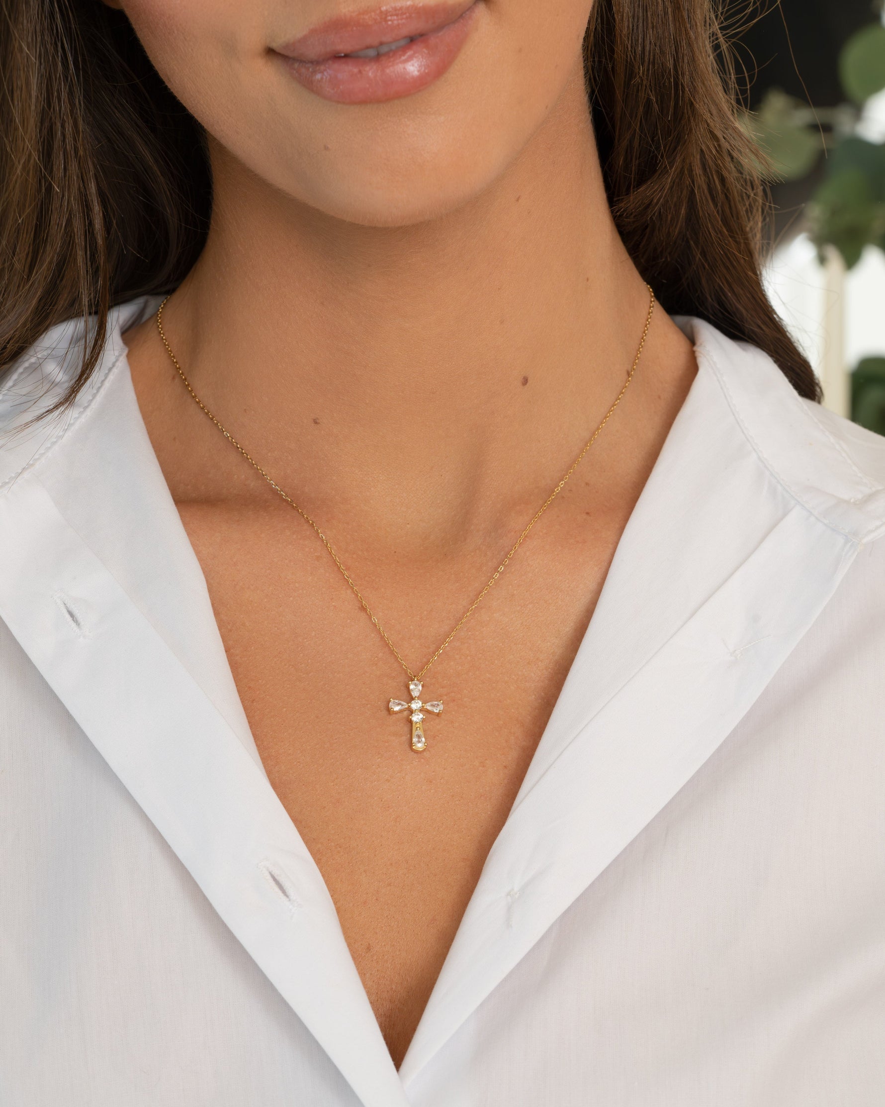 Pear Accent Cross Pendant Necklace