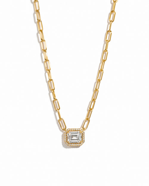 Emerald Cut Halo Chain Necklace