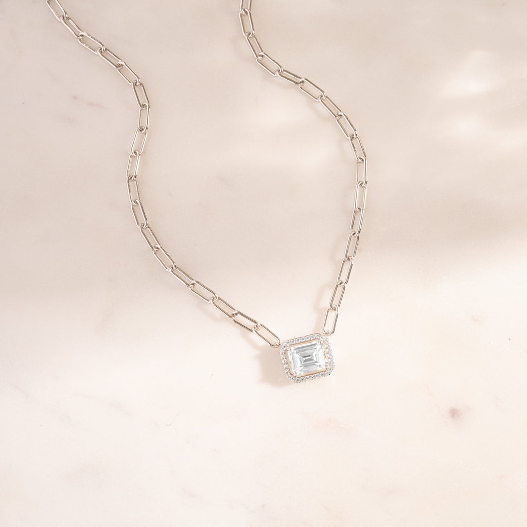 Emerald Cut Halo Chain Necklace