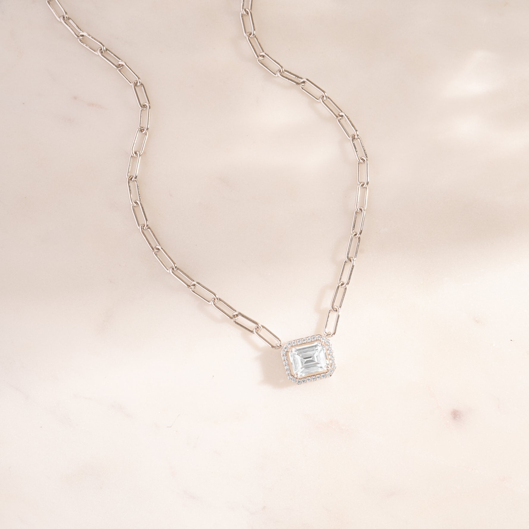 Emerald Cut Halo Chain Necklace