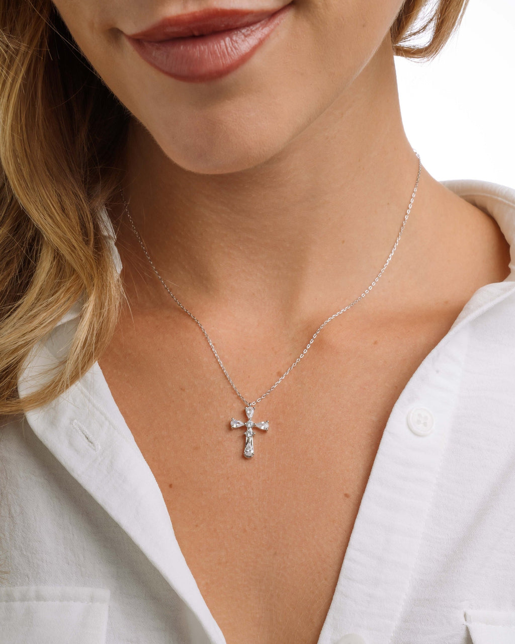 Pear Accent Cross Pendant Necklace