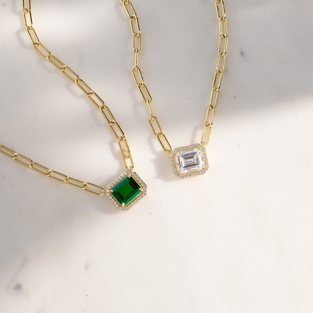Emerald Cut Halo Chain Necklace