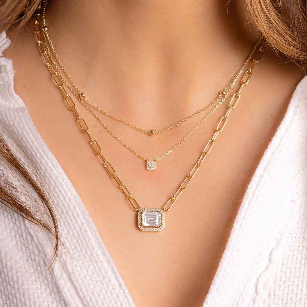 Emerald Cut Halo Chain Necklace