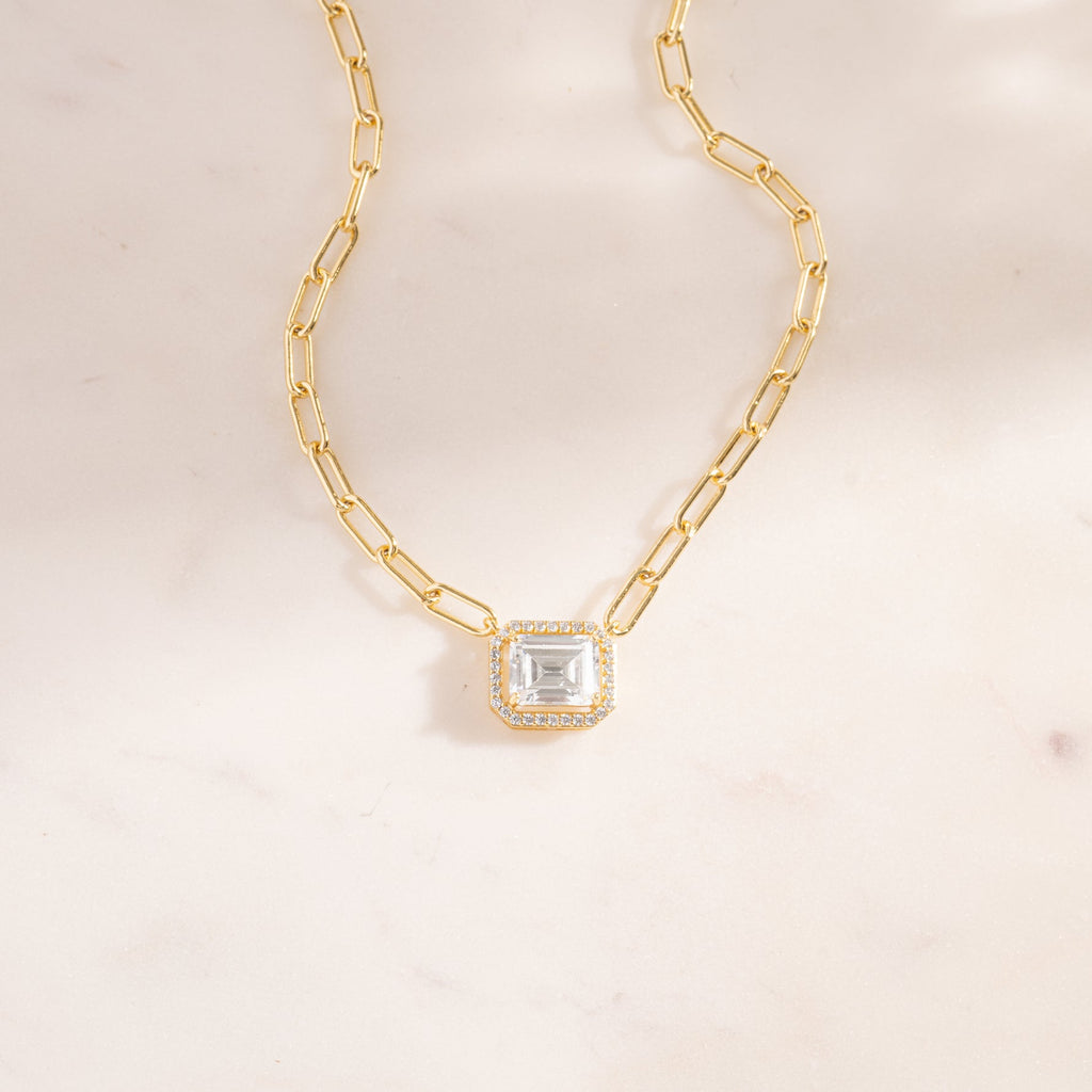 Emerald Cut Halo Chain Necklace