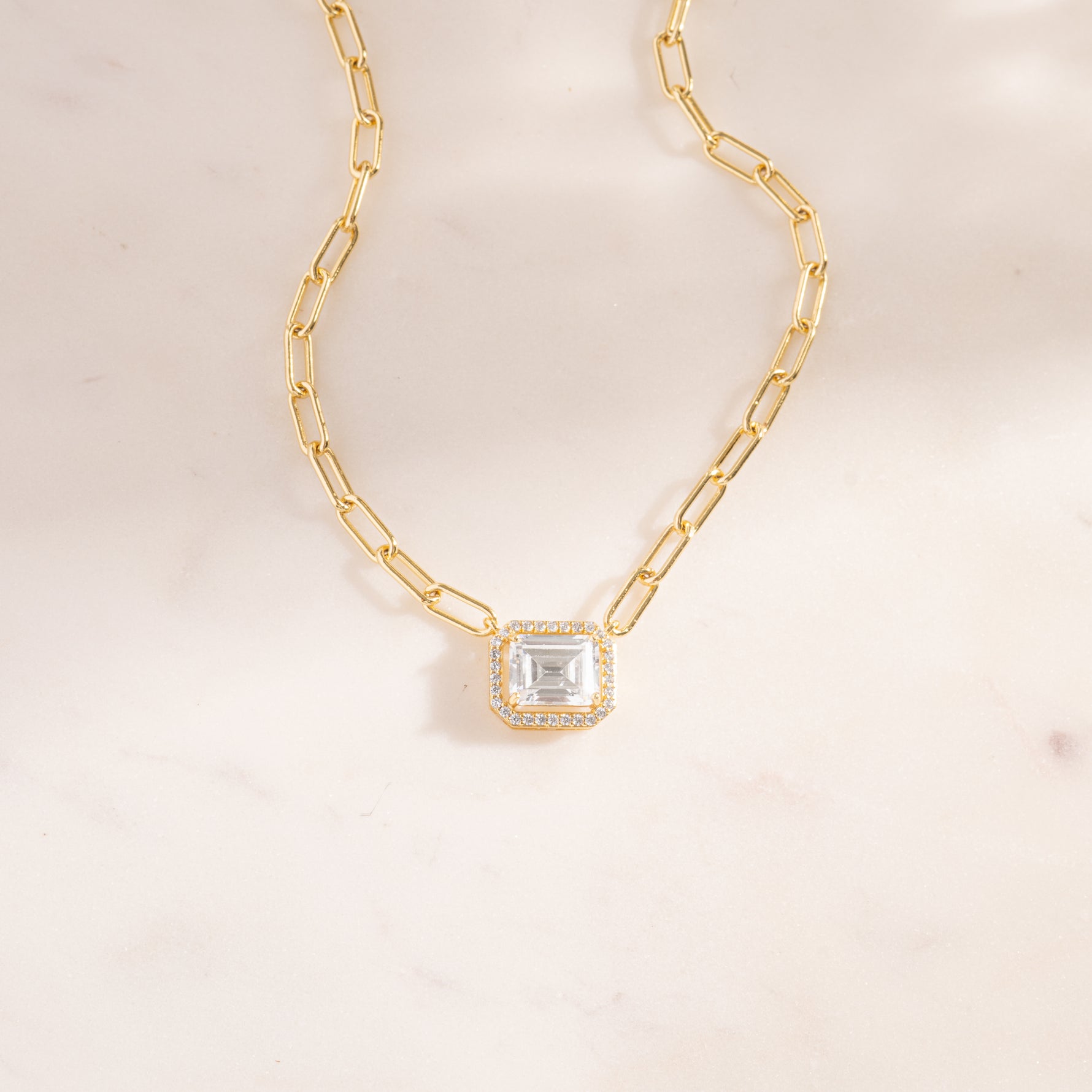 Emerald Cut Halo Chain Necklace