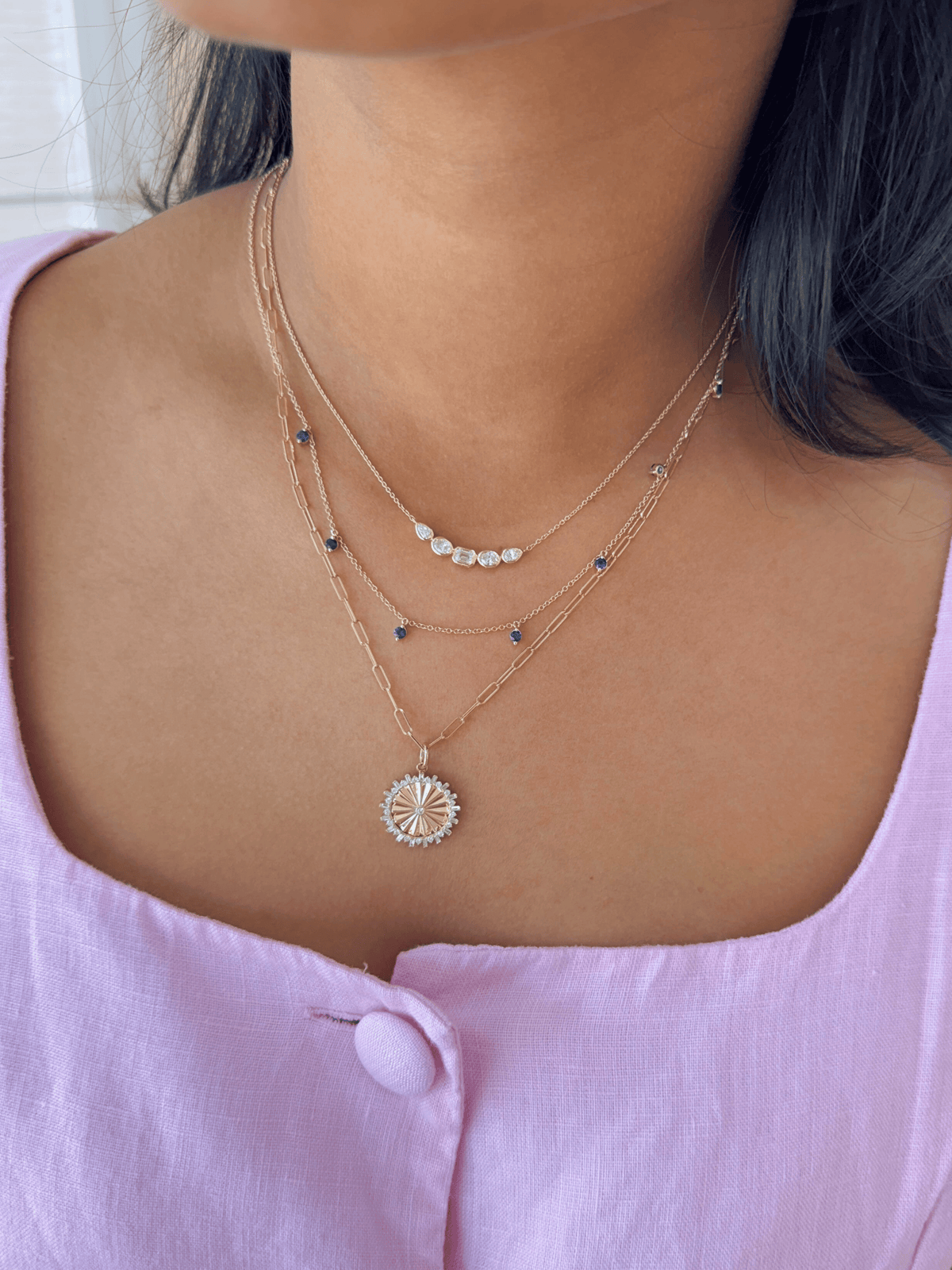 Baguette Halo Diamond Disc Pendant Necklace