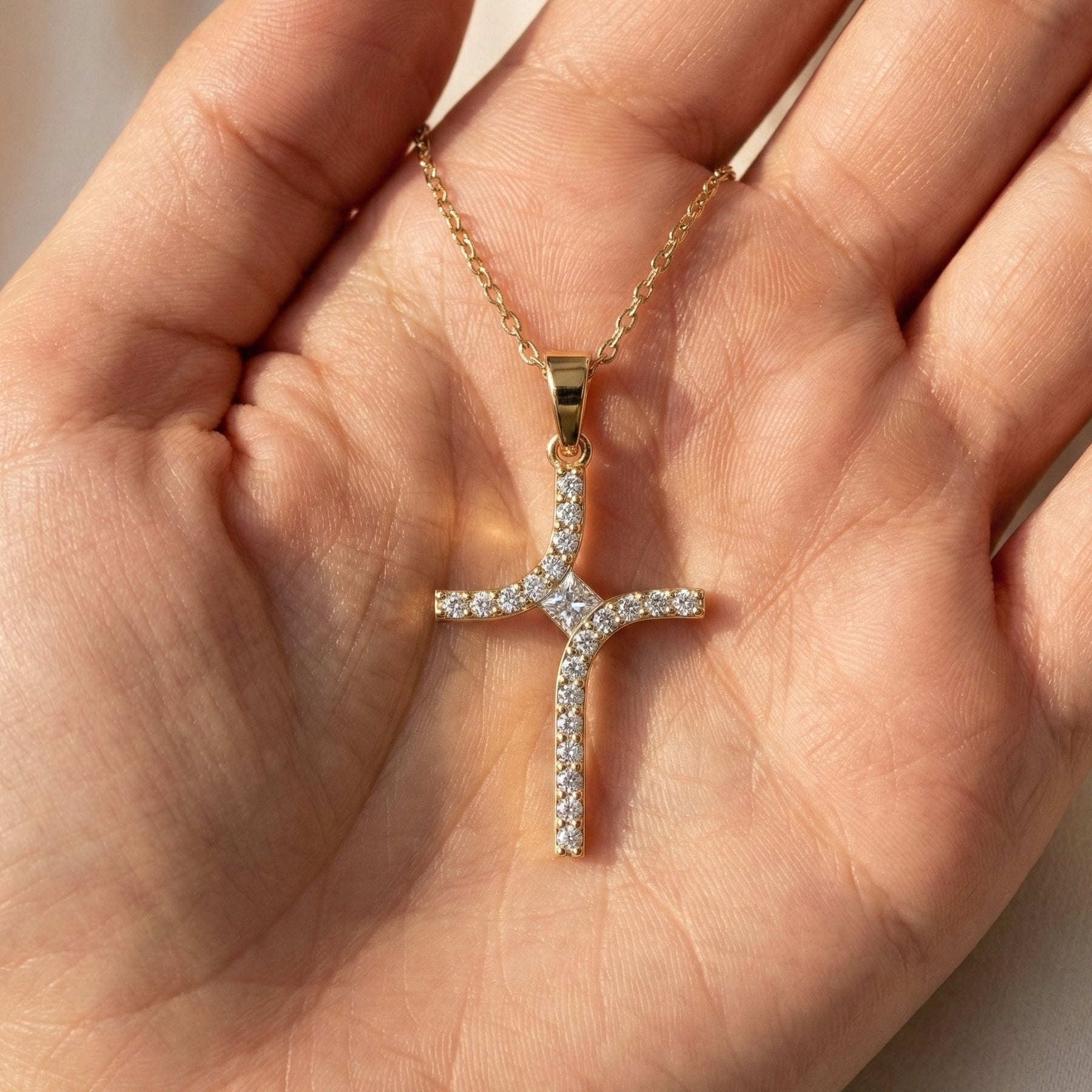Curved Diamond Cross Necklace