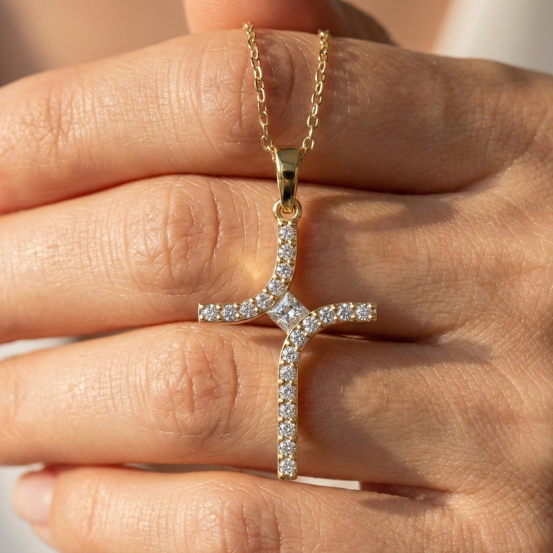 Curved Diamond Cross Necklace
