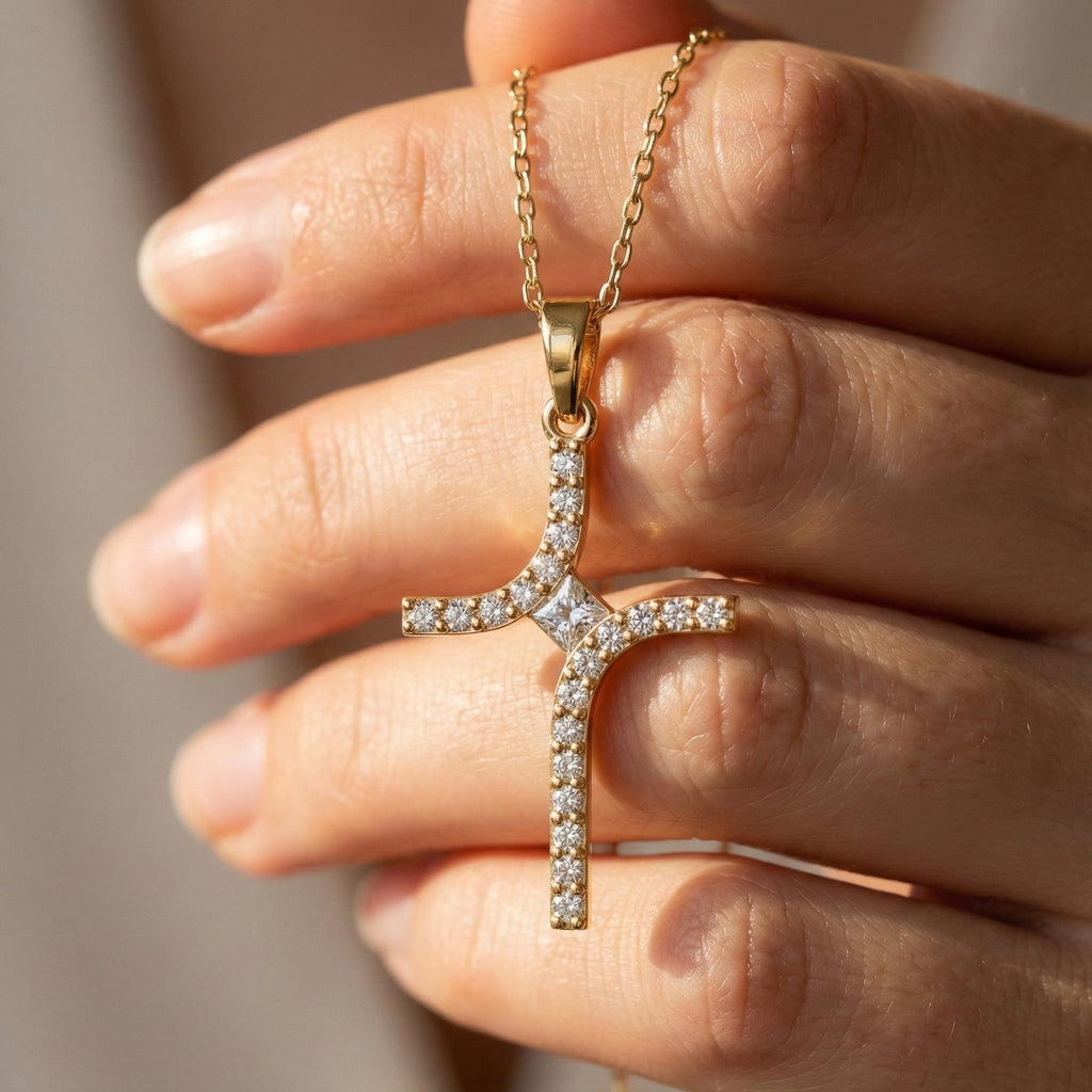 Curved Diamond Cross Necklace
