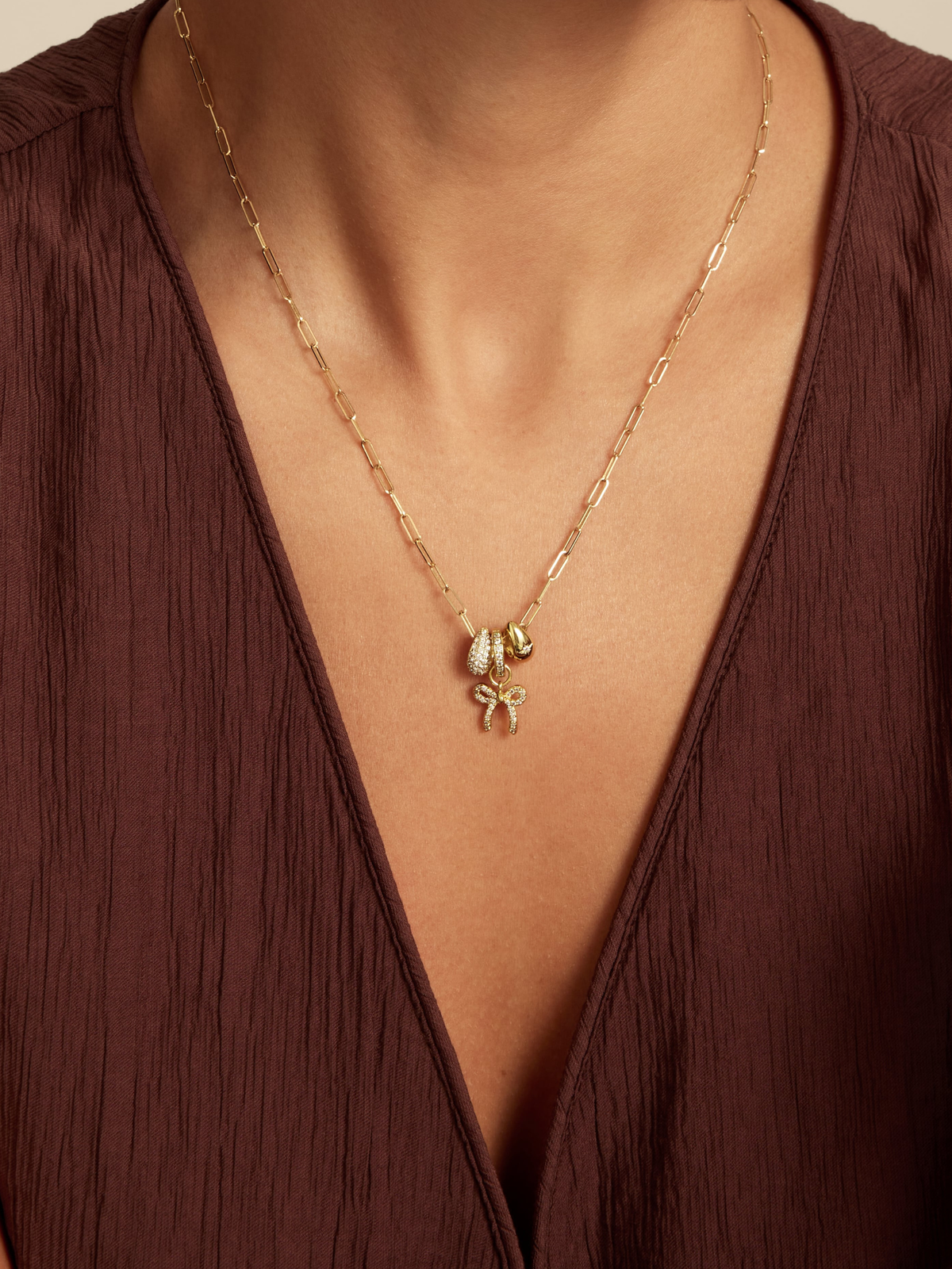 Diamond Bow Charm Paperclip Necklace