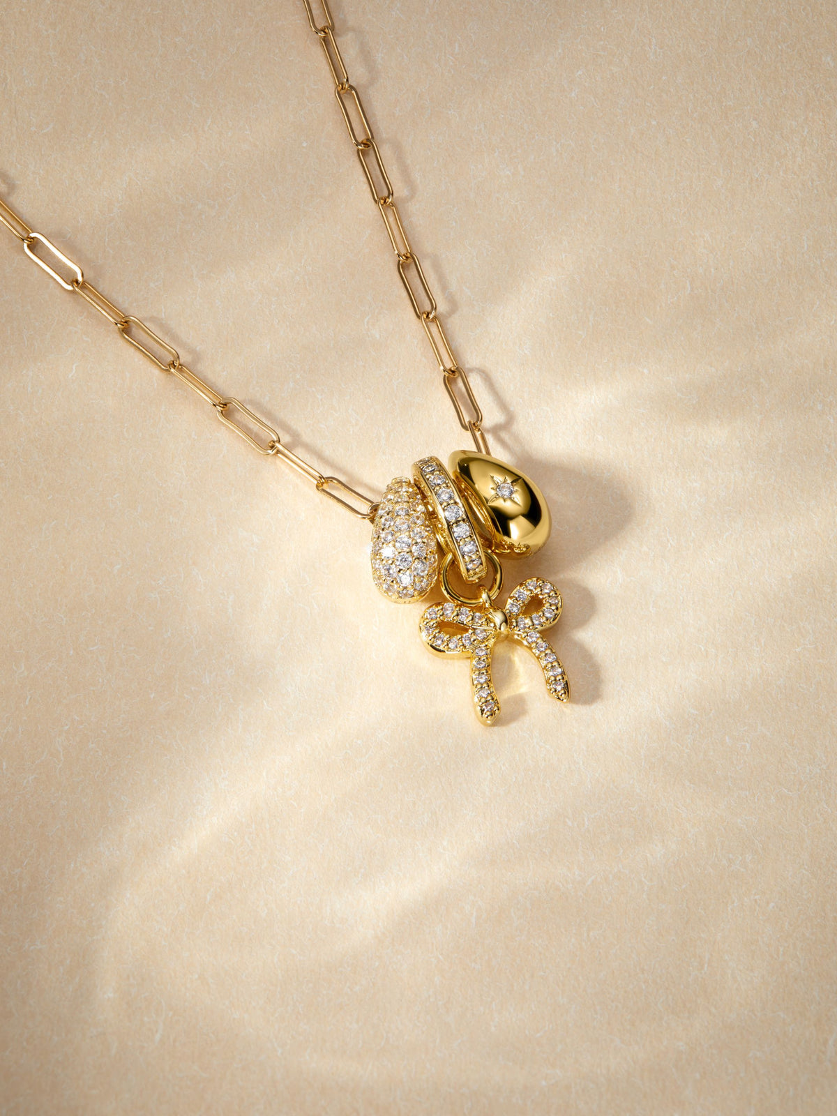 Diamond Bow Charm Paperclip Necklace