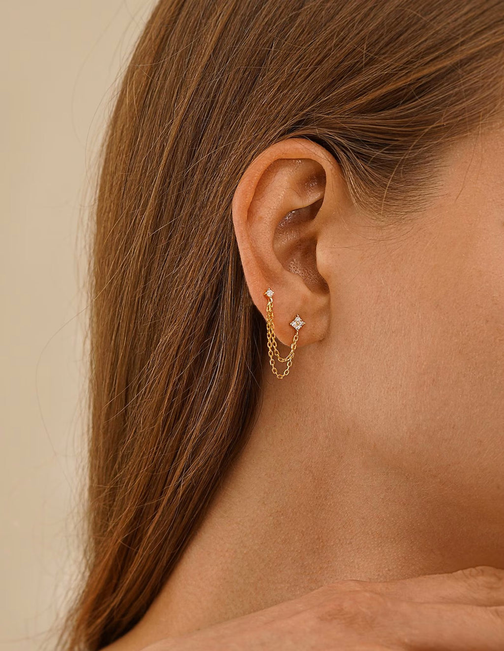 Double Piercing Chain Earrings