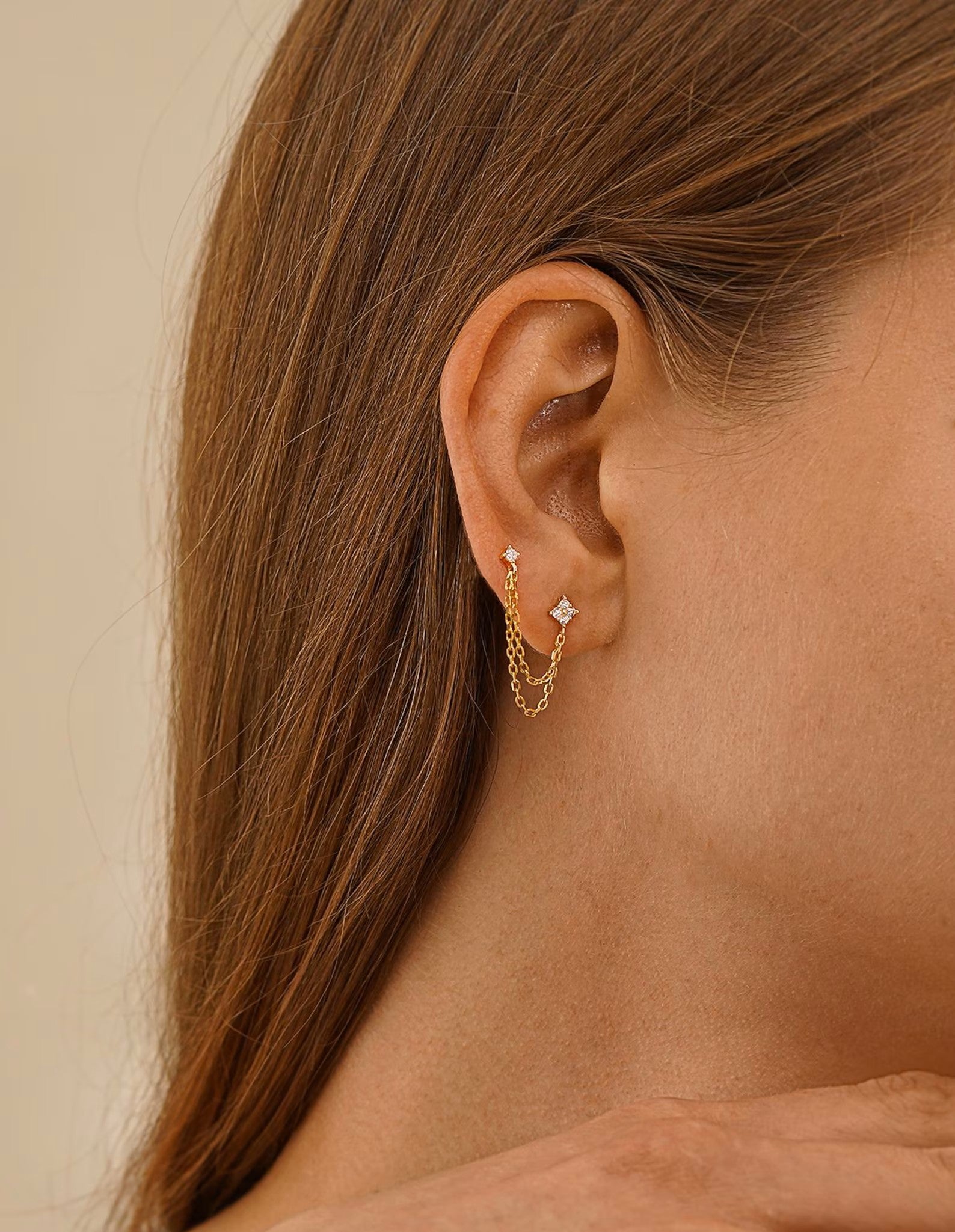 Double Piercing Chain Earrings