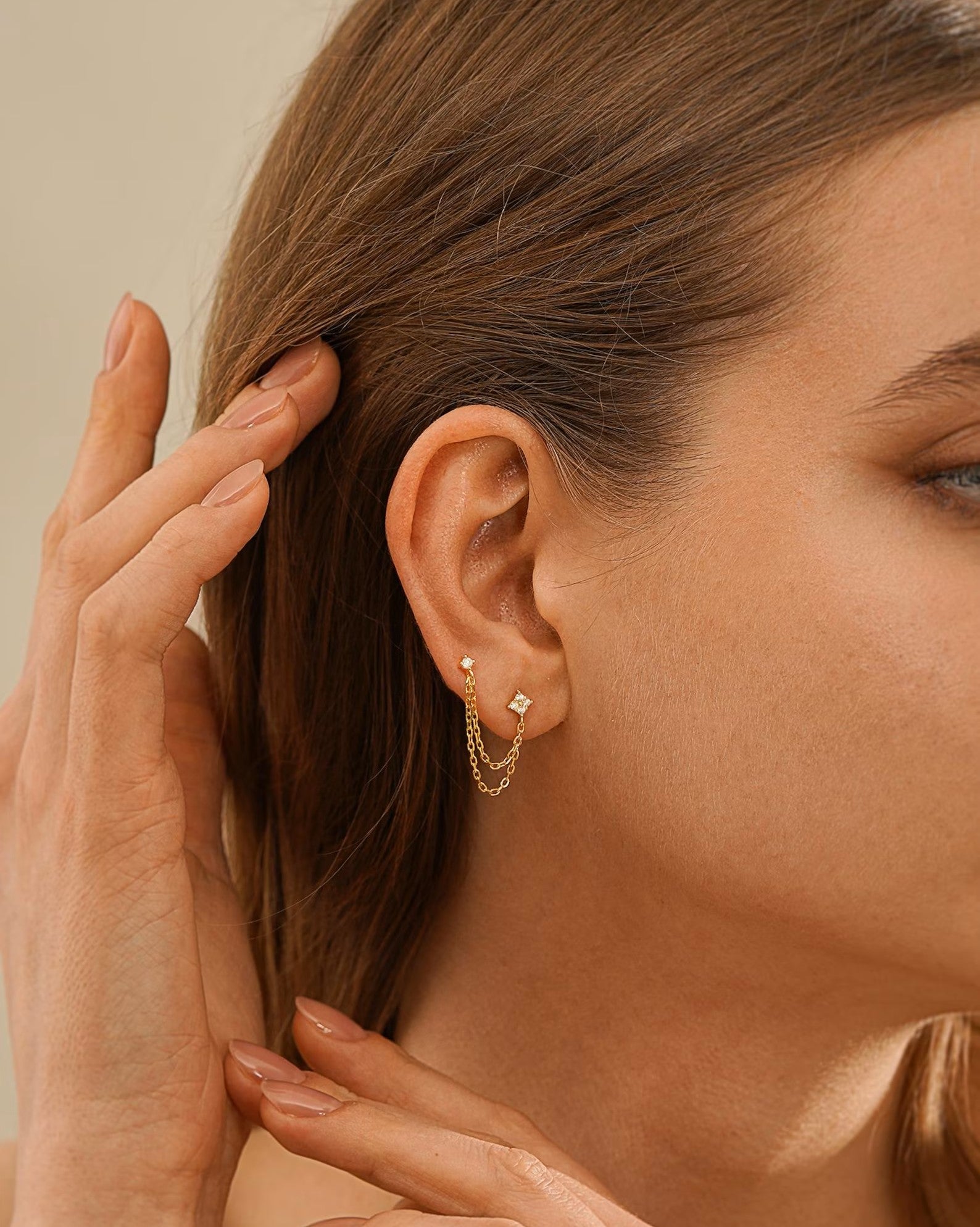 Double Piercing Chain Earrings