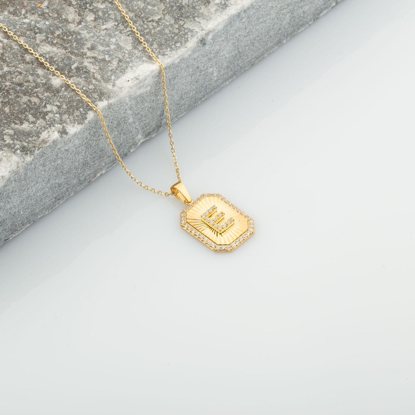 E Letter Diamond Shield Initial Necklace