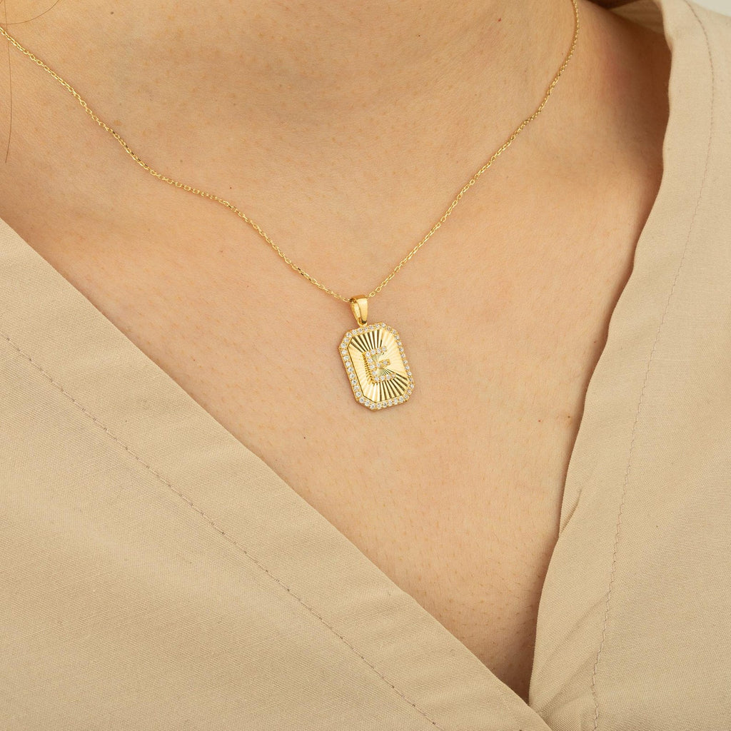 E Letter Diamond Shield Initial Necklace