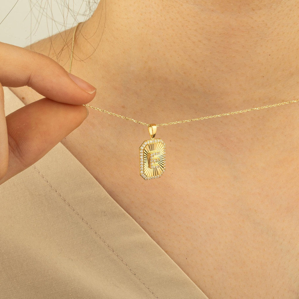 E Letter Diamond Shield Initial Necklace