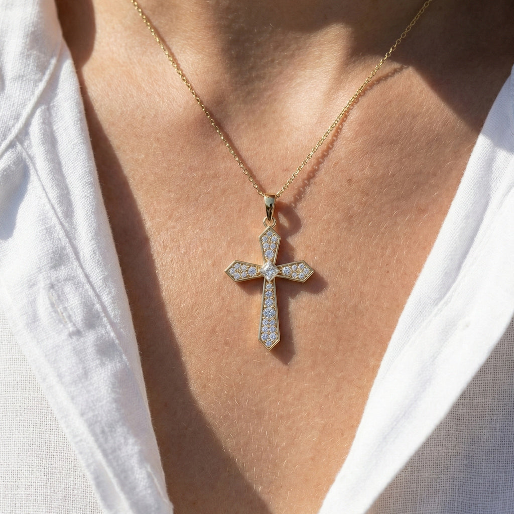 Faceted Diamond Cross Necklace