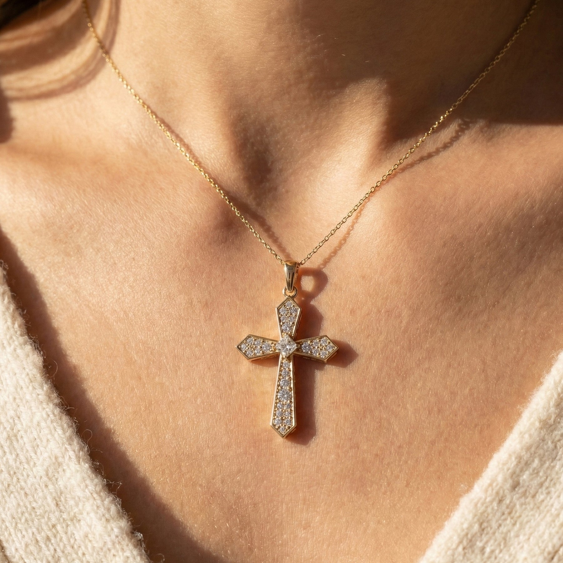 Faceted Diamond Cross Necklace