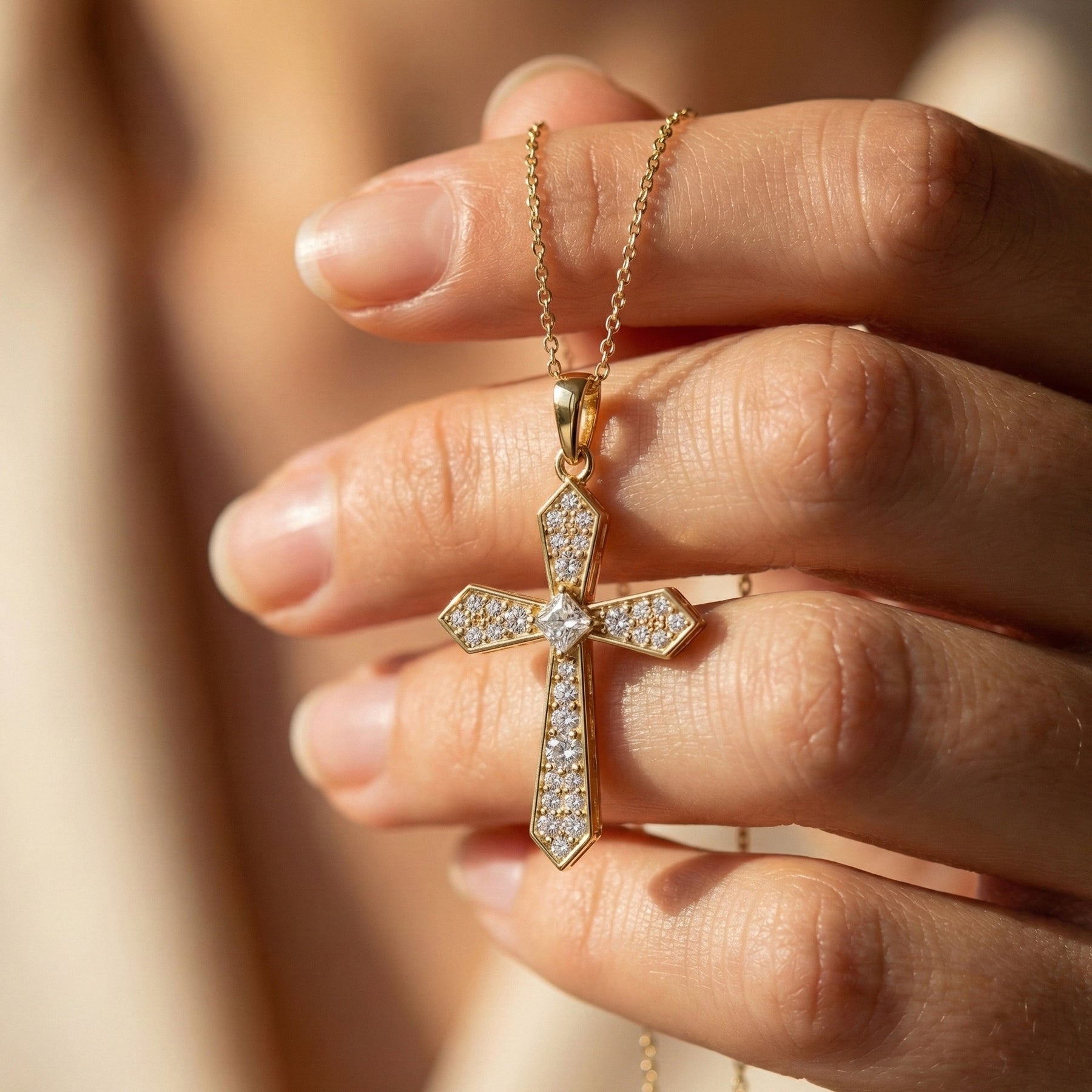 Faceted Diamond Cross Necklace