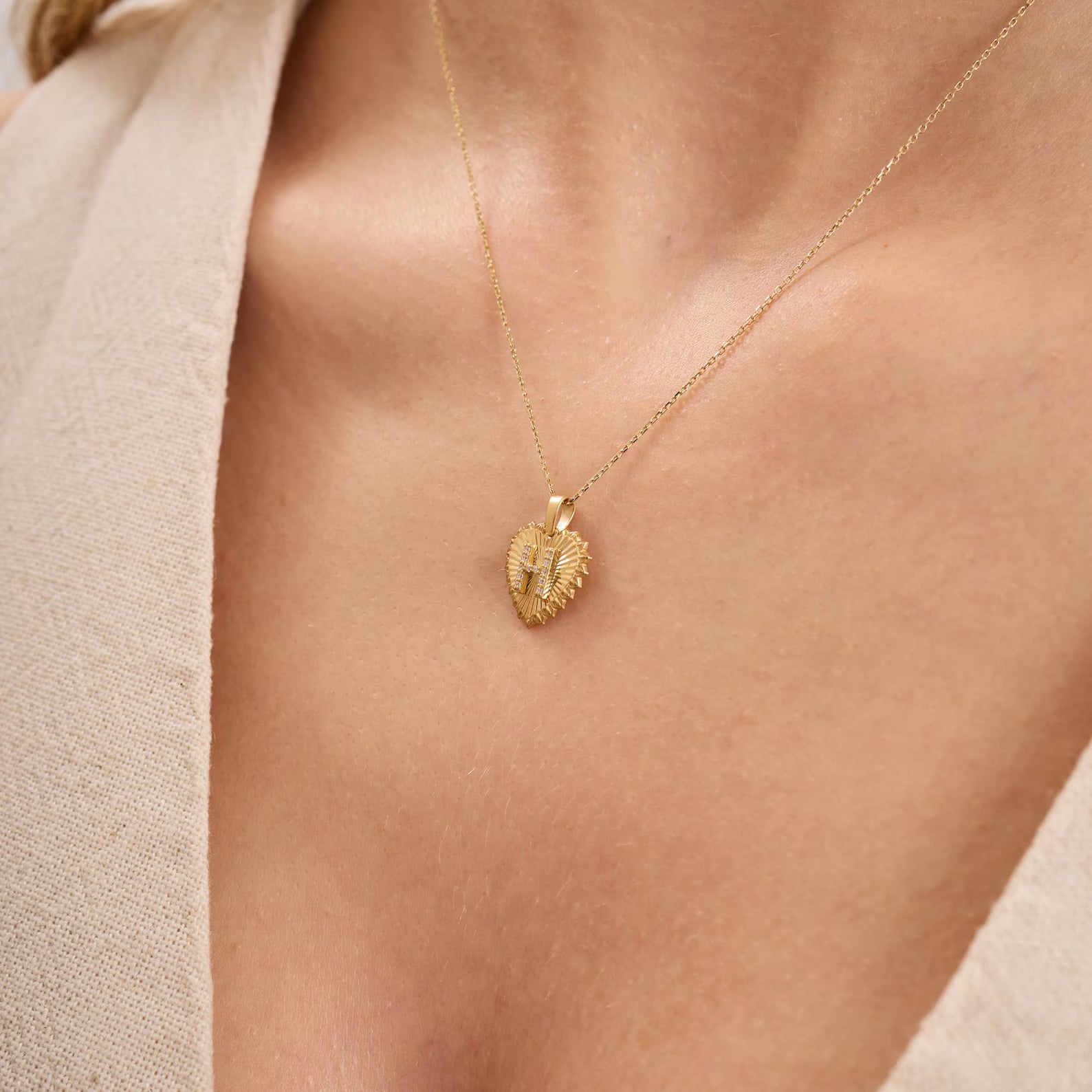 H Letter Diamond Heart Initial Necklace