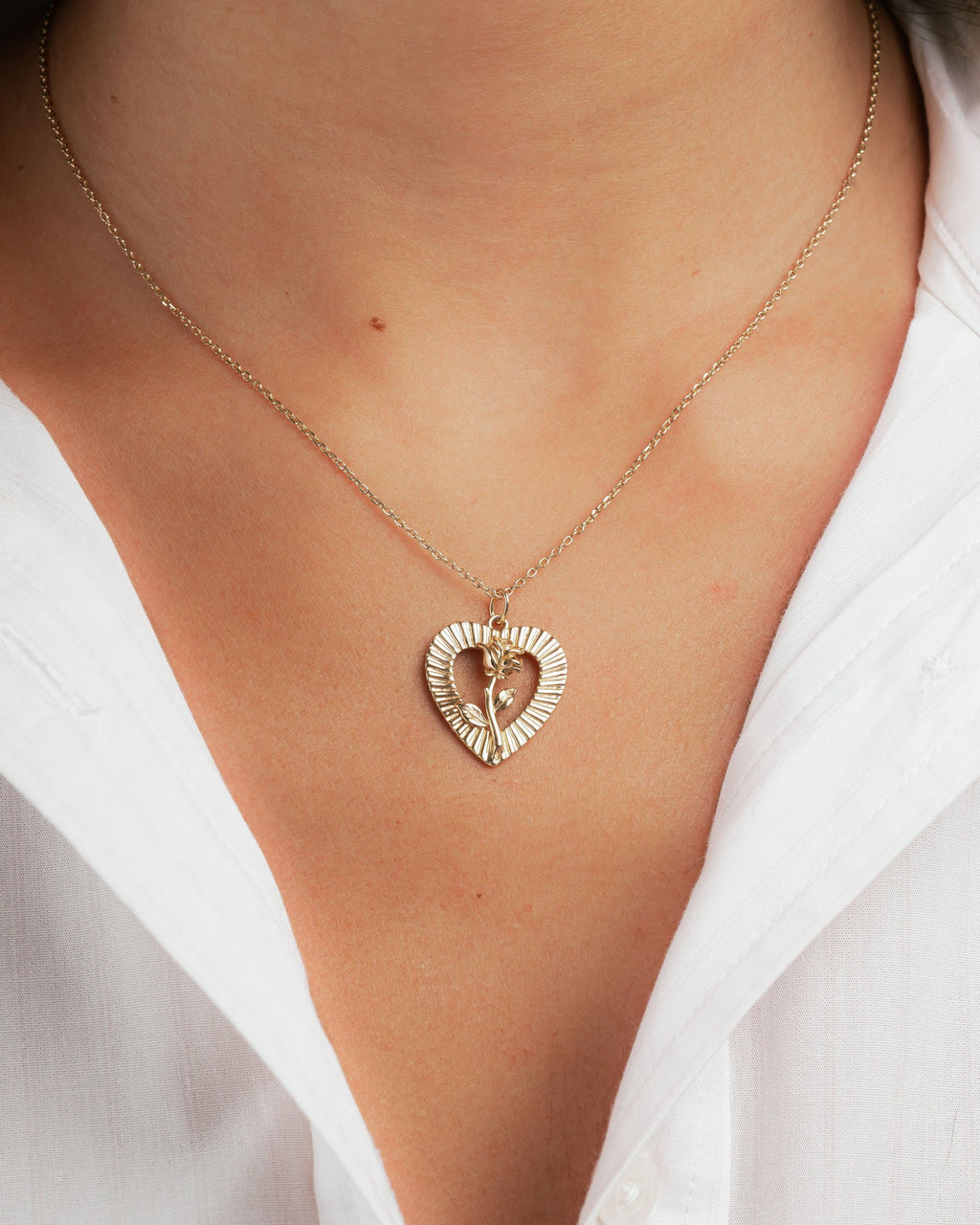 Heart Rose Open Frame Pendant Necklace
