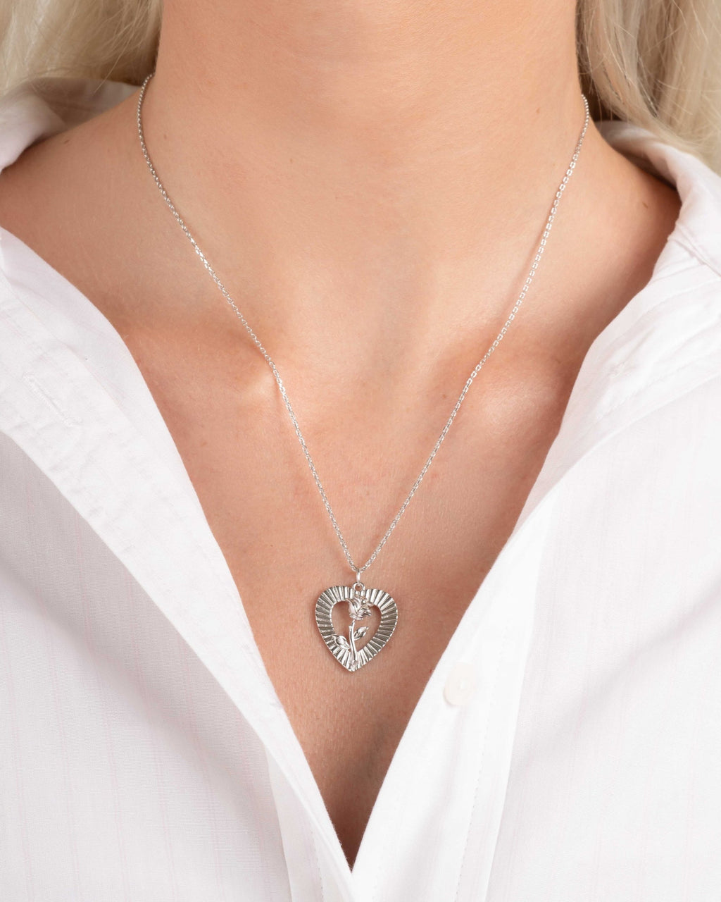Heart Rose Open Frame Pendant Necklace