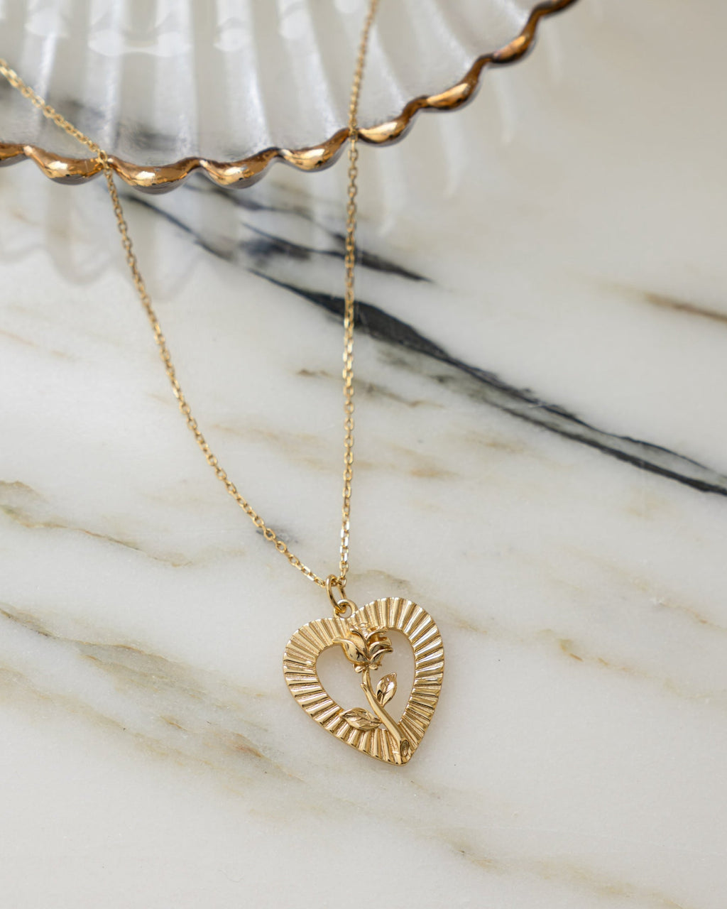 Heart Rose Open Frame Pendant Necklace