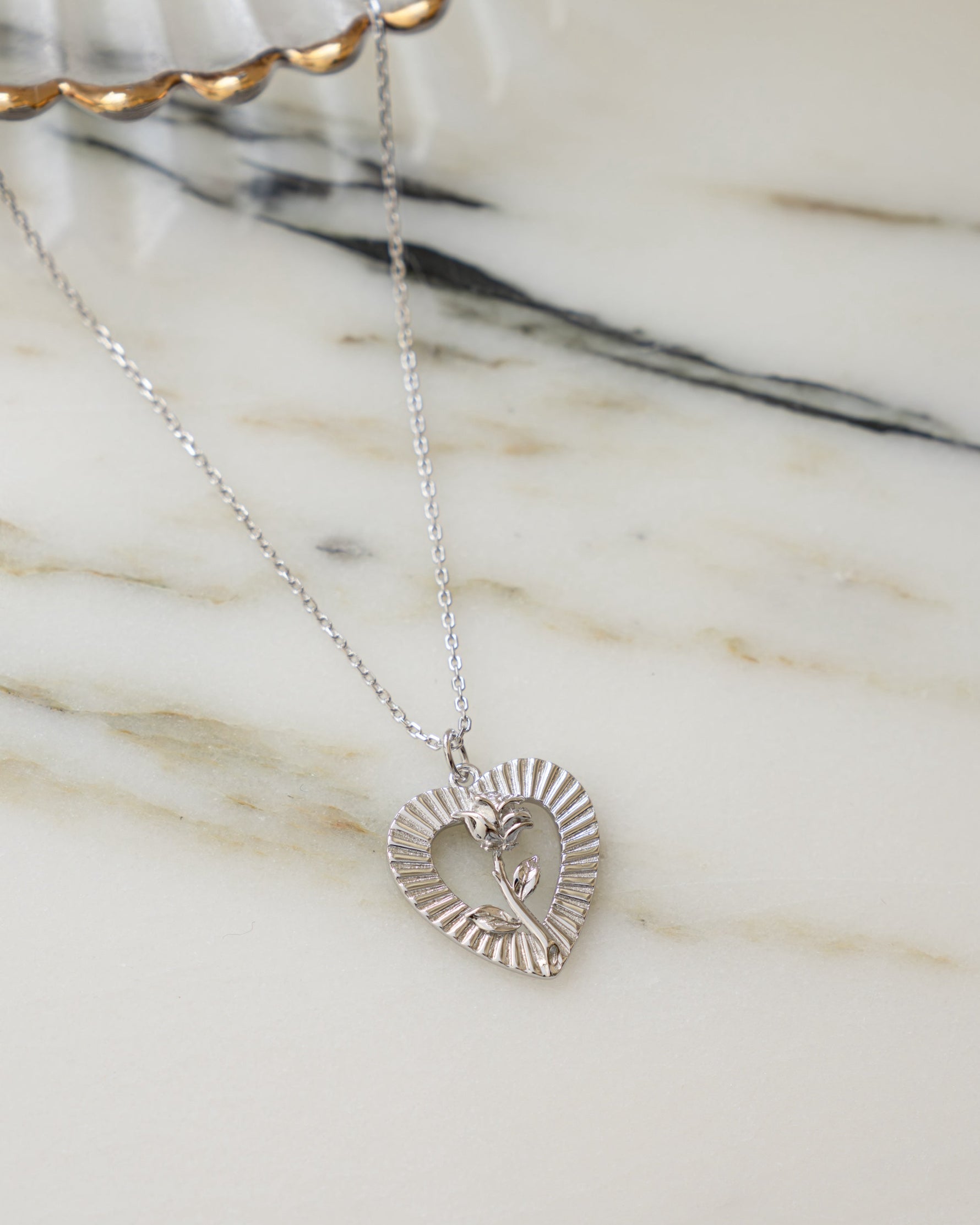 Heart Rose Open Frame Pendant Necklace