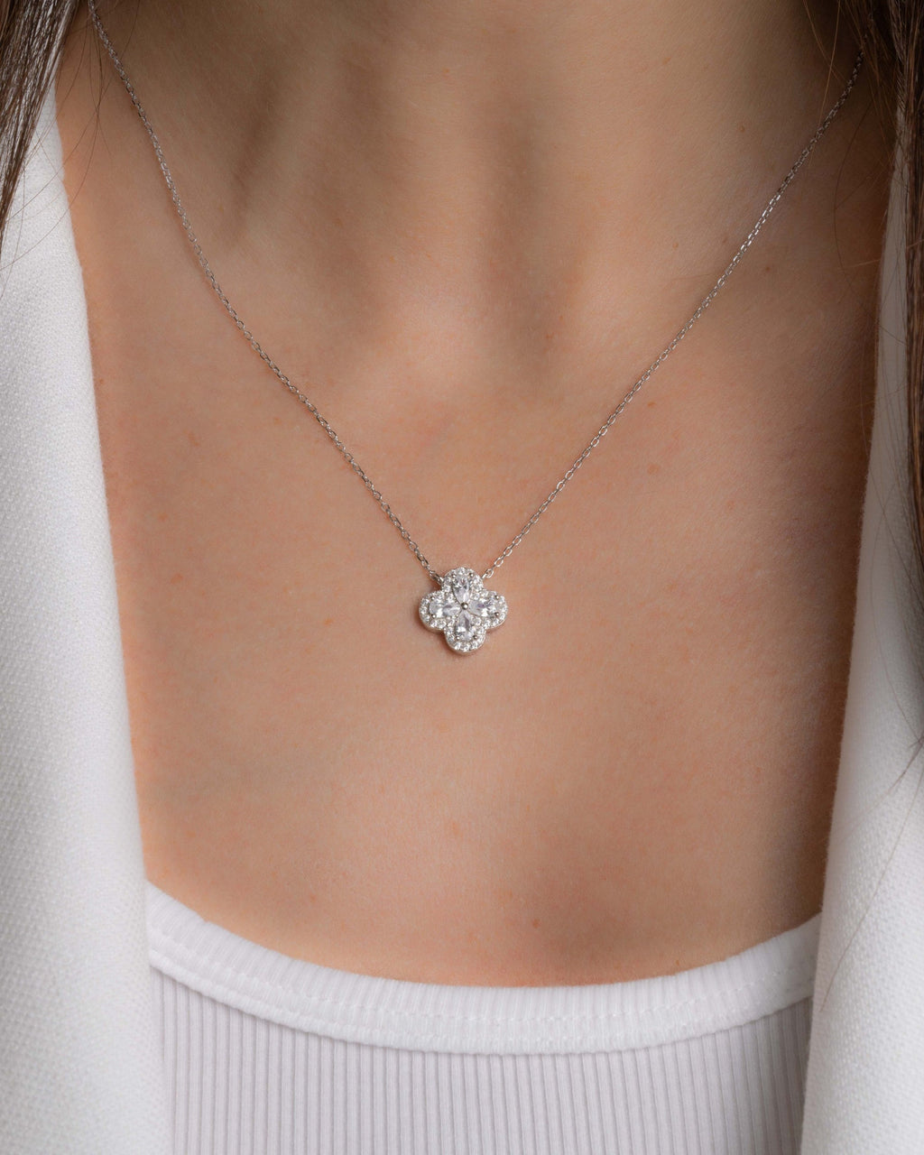 Pavé Set Pear Four Leaf Clover Necklace