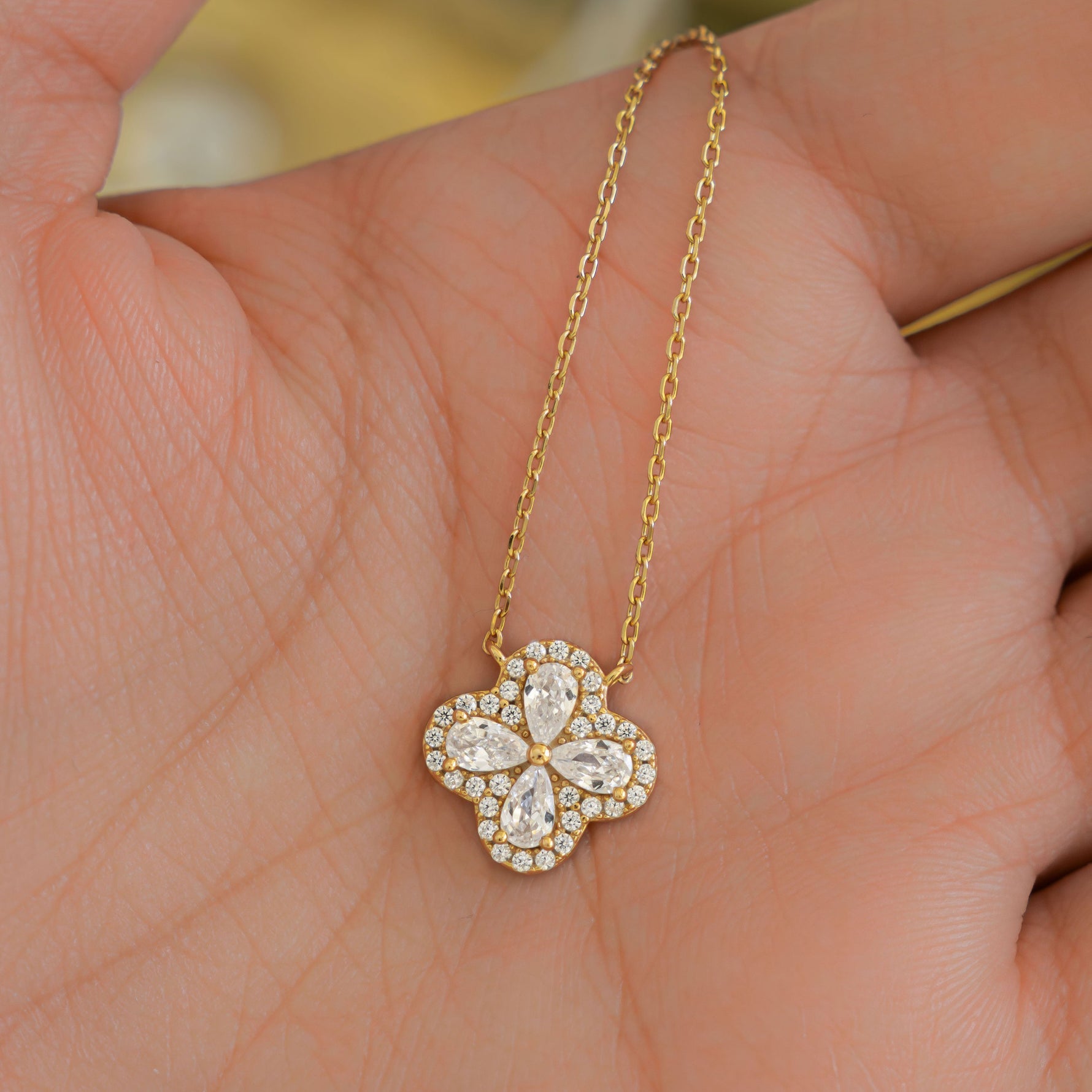 Pavé Set Pear Four Leaf Clover Necklace