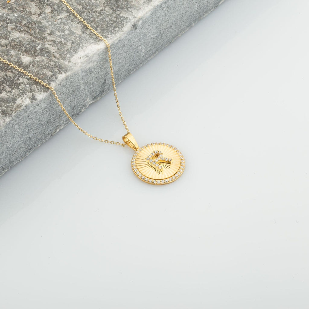 R Letter Round Disc Halo Initial Necklace