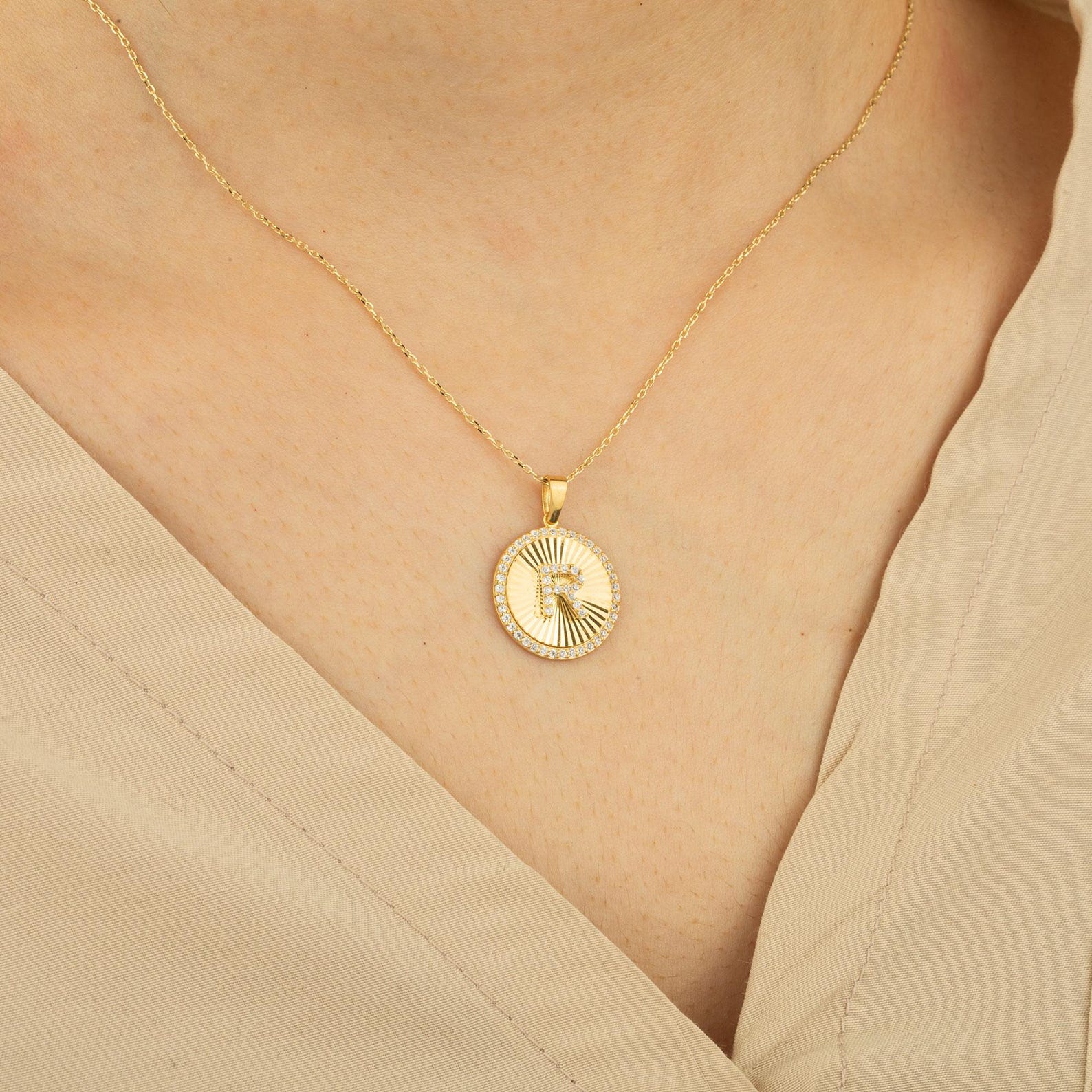 R Letter Round Disc Halo Initial Necklace