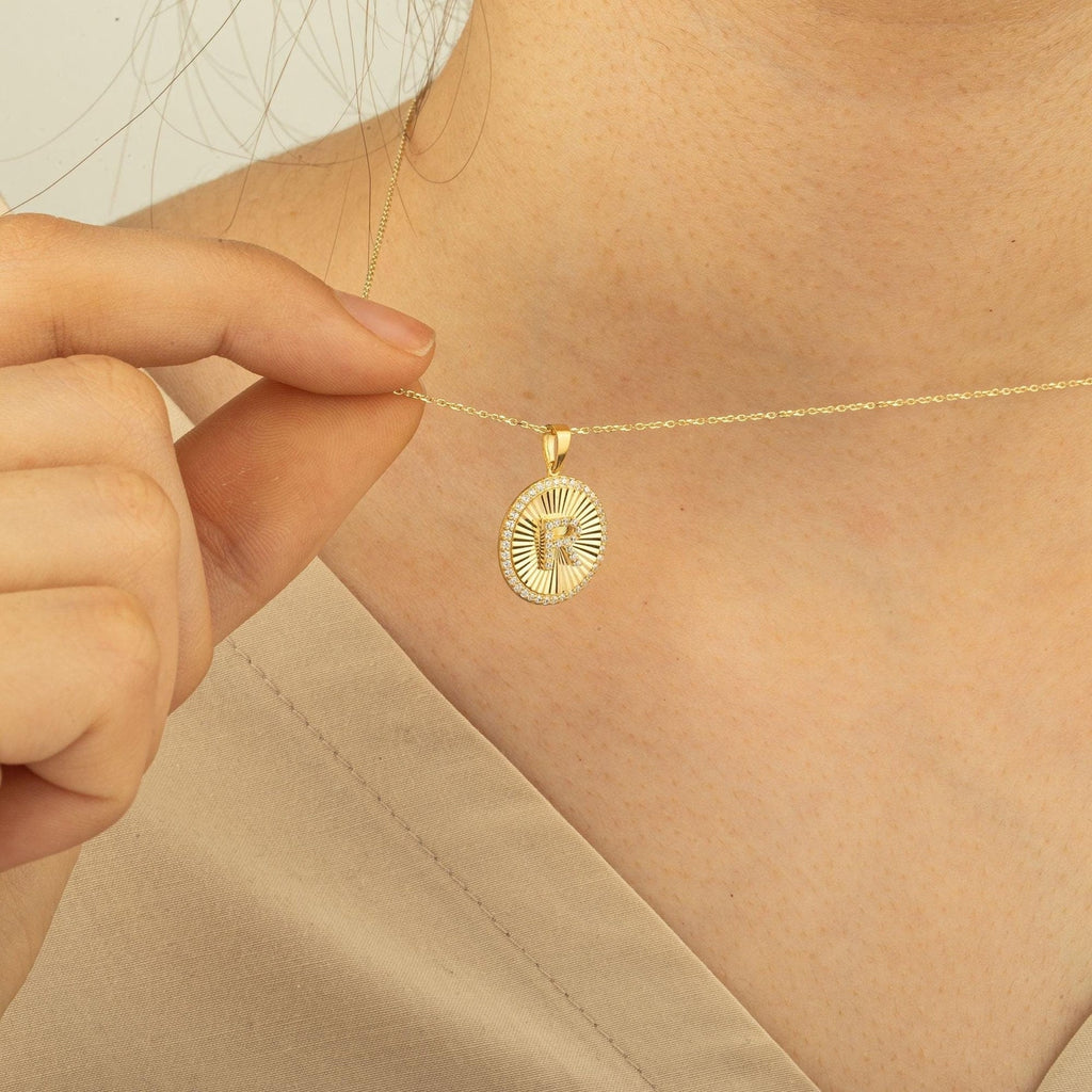 R Letter Round Disc Halo Initial Necklace