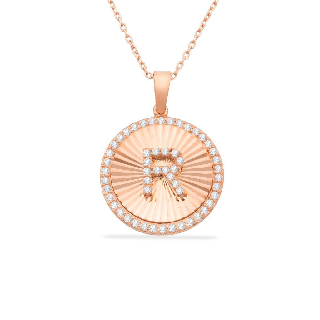 R Letter Round Disc Halo Initial Necklace
