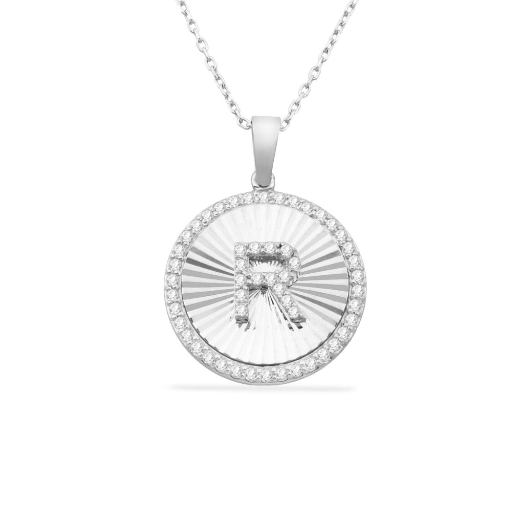 R Letter Round Disc Halo Initial Necklace