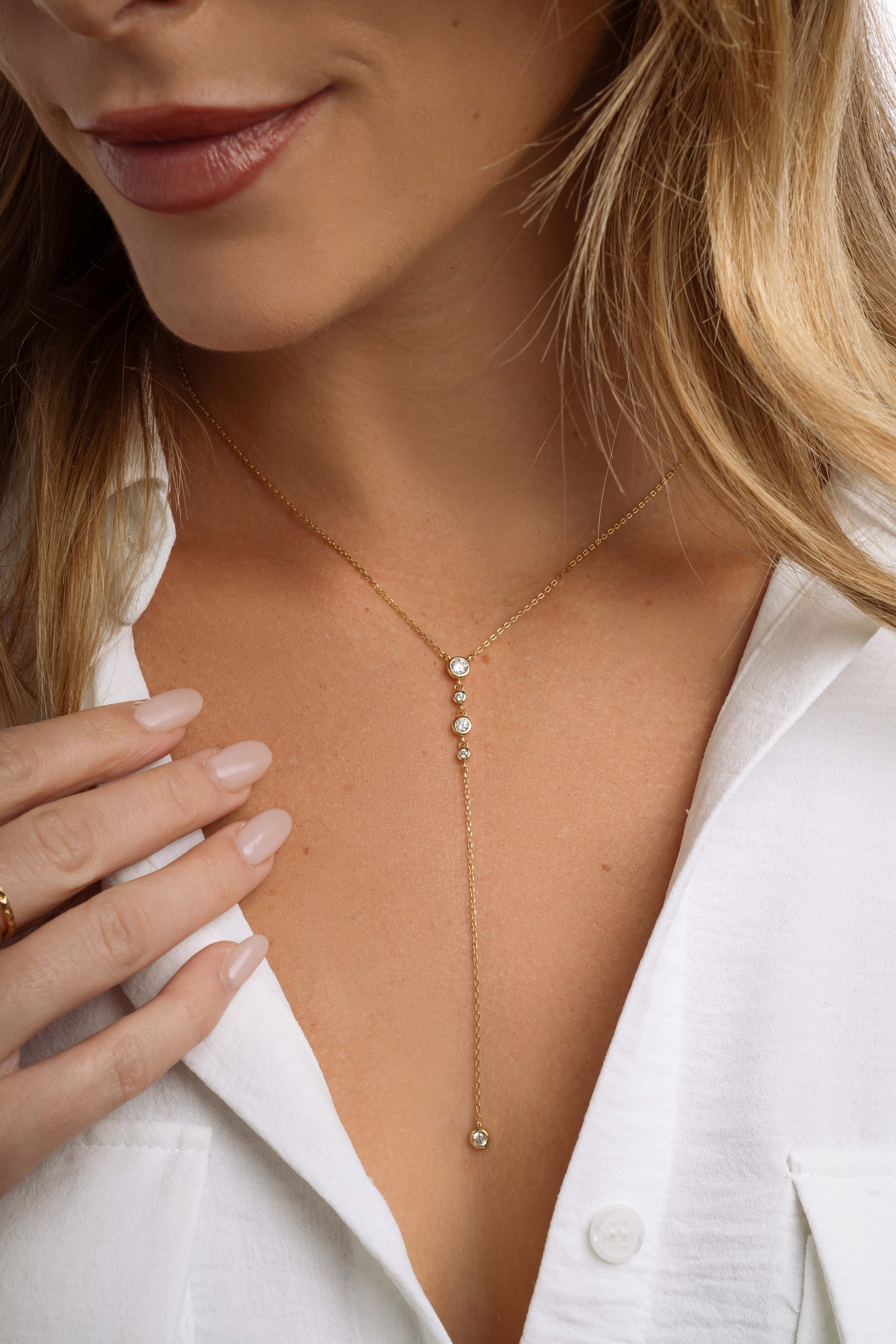 Round Bezel Set Drop Lariat Necklace