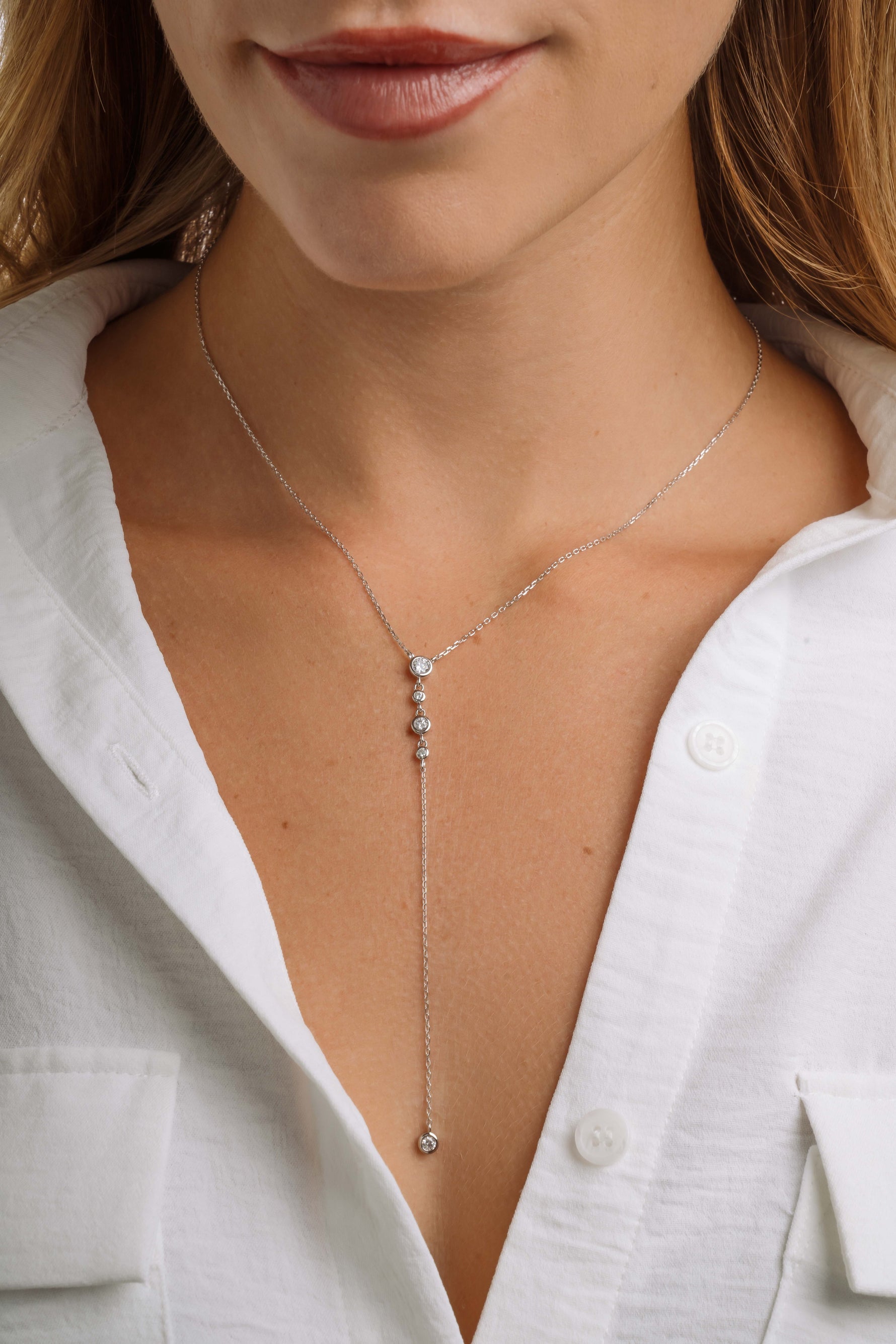 Round Bezel Set Drop Lariat Necklace