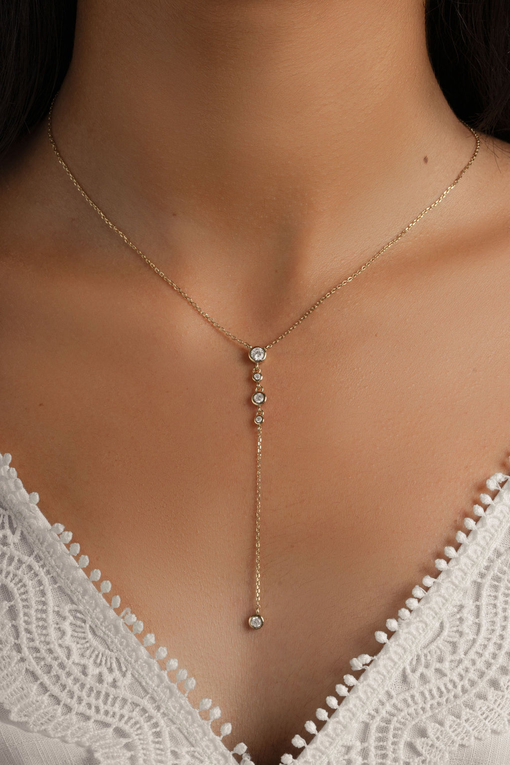 Round Bezel Set Drop Lariat Necklace