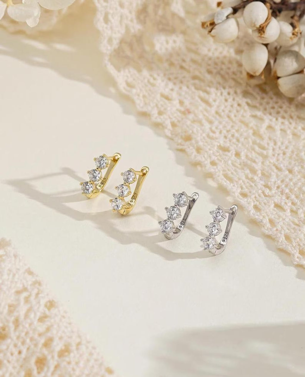Round Triple Stone Hoops