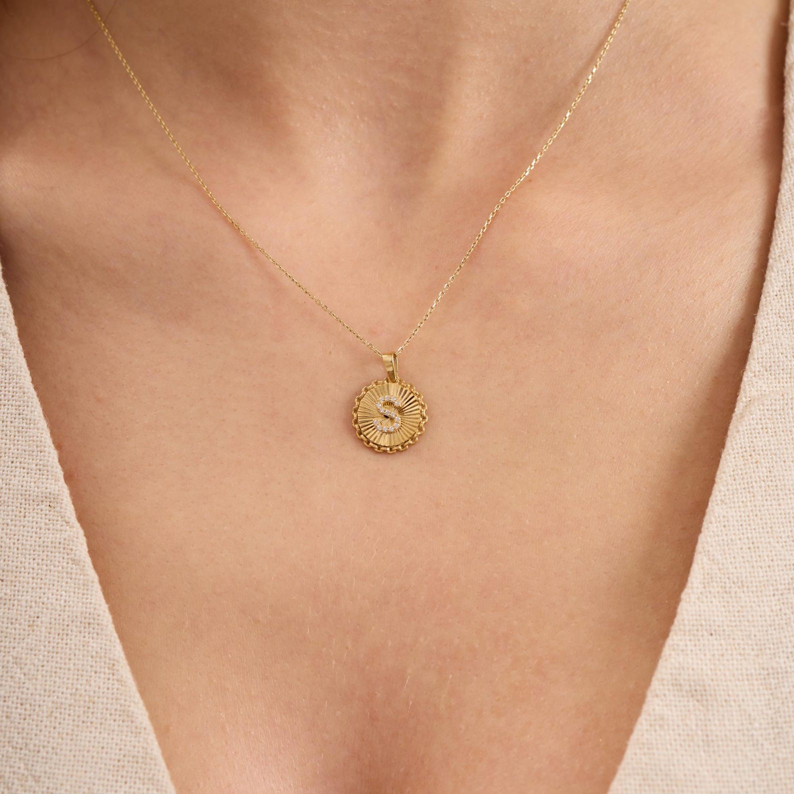 S Letter Diamond Round Initial Necklace
