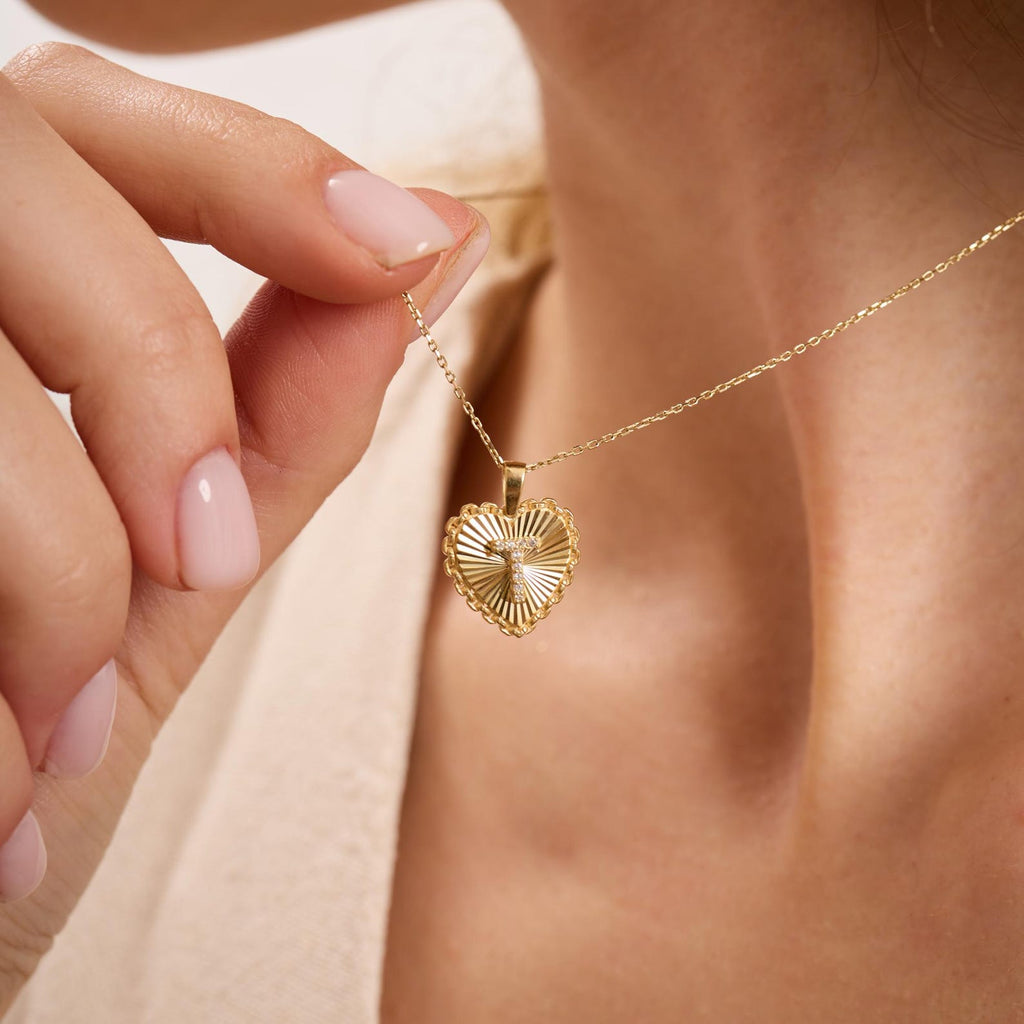 T Letter Diamond Heart Initial Necklace