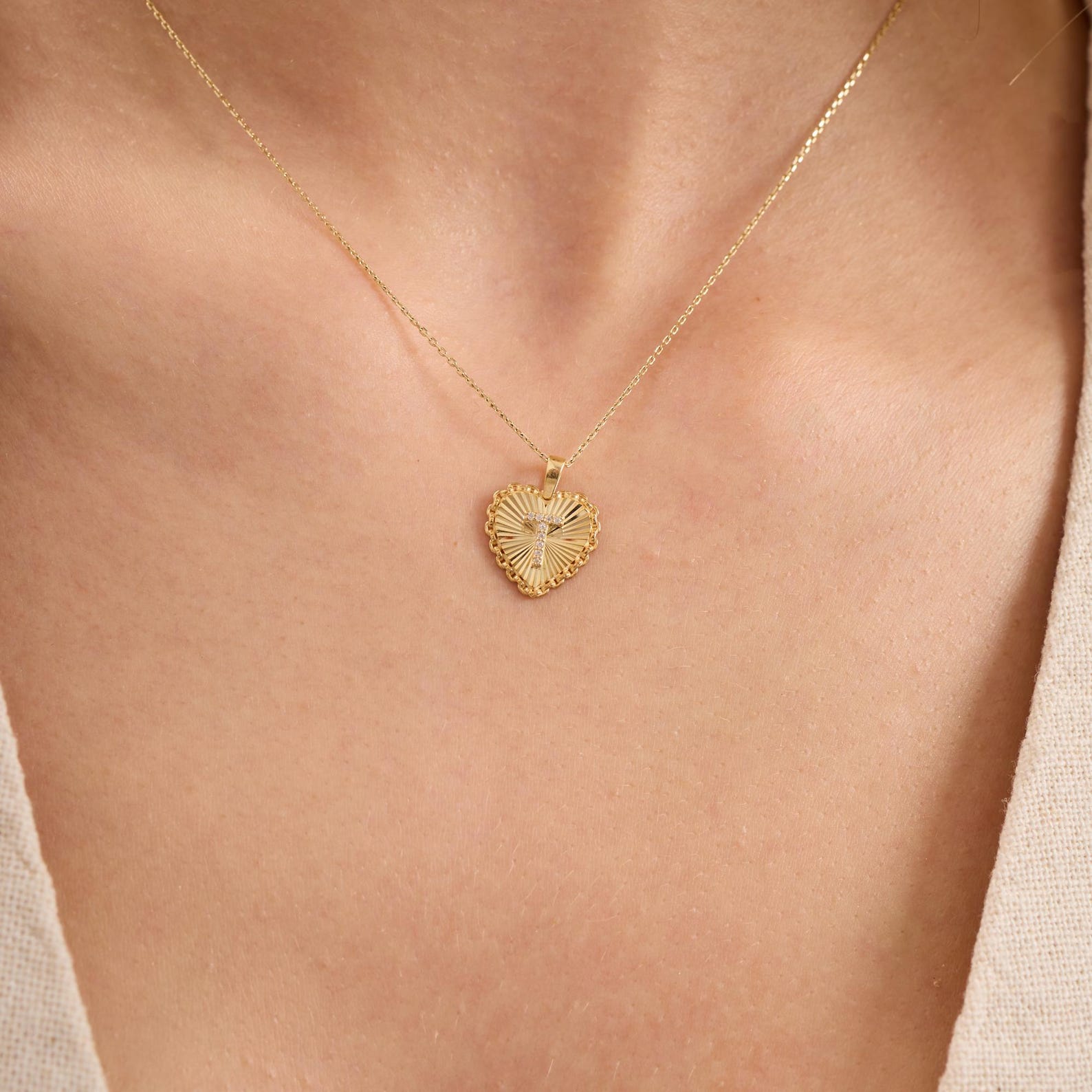 T Letter Diamond Heart Initial Necklace