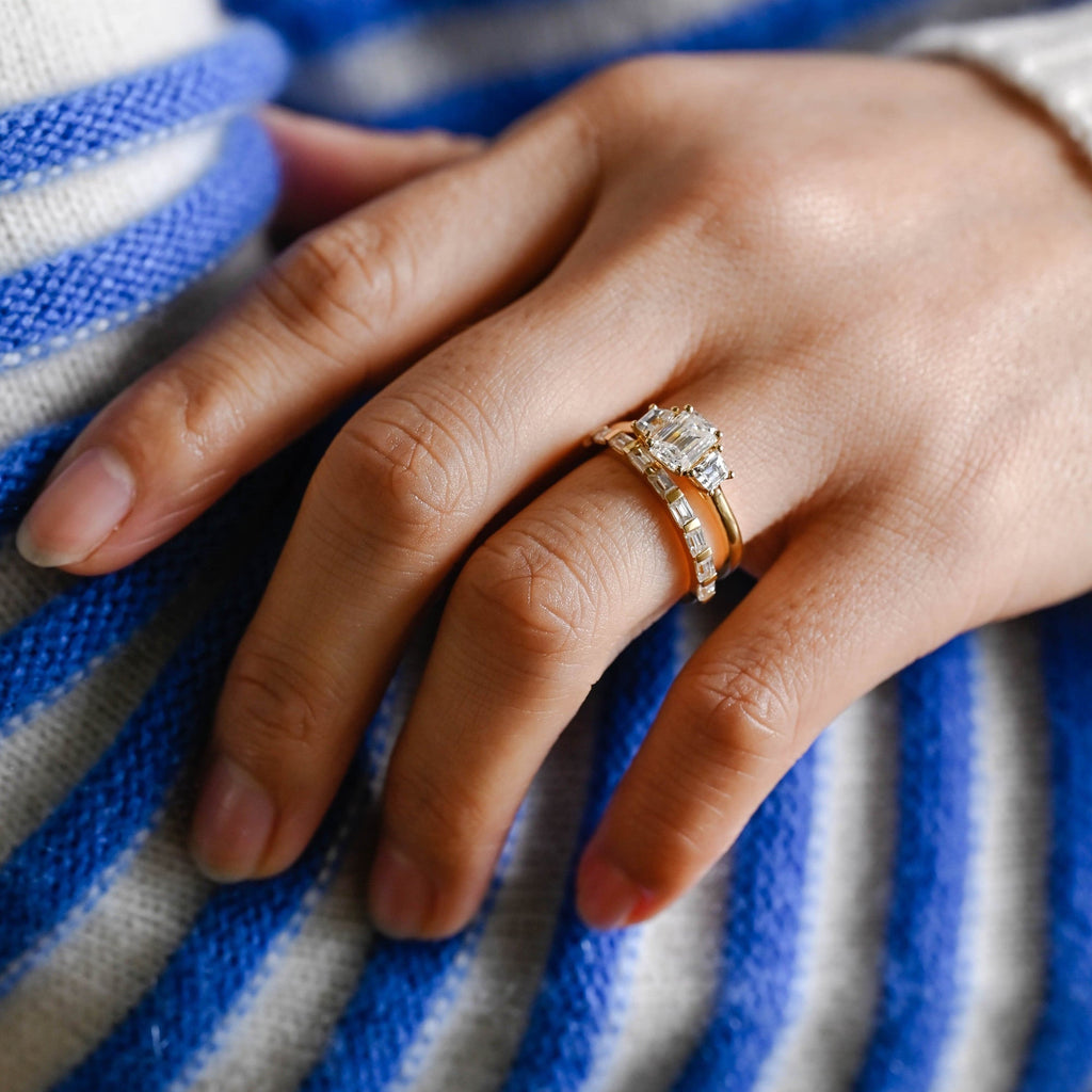 The Astoria Bridal Set - Emerald Cut Three Stone Ring with Baguette Band
