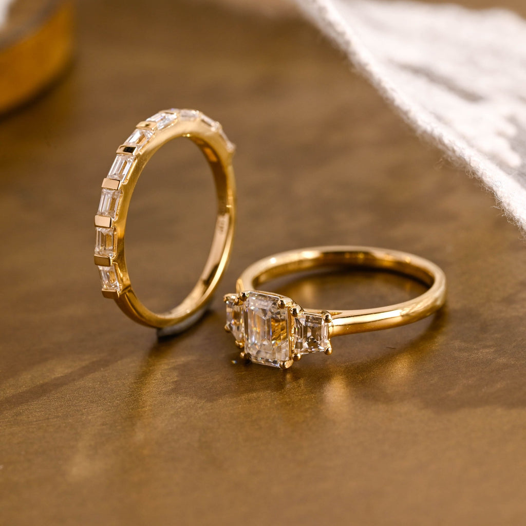 The Astoria Bridal Set - Emerald Cut Three Stone Ring with Baguette Band
