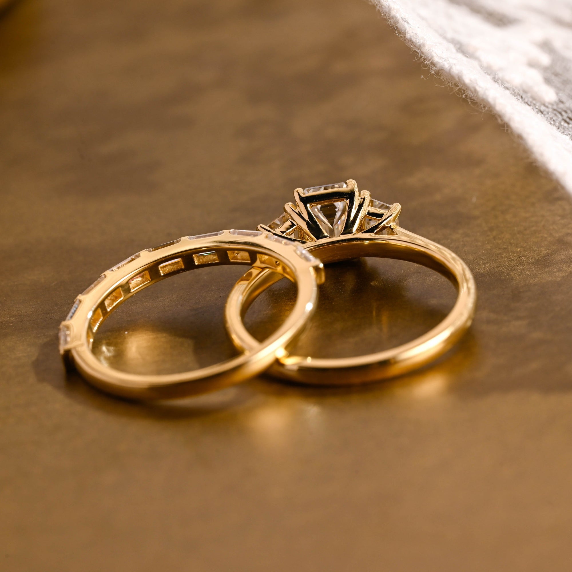 The Astoria Bridal Set - Emerald Cut Three Stone Ring with Baguette Band