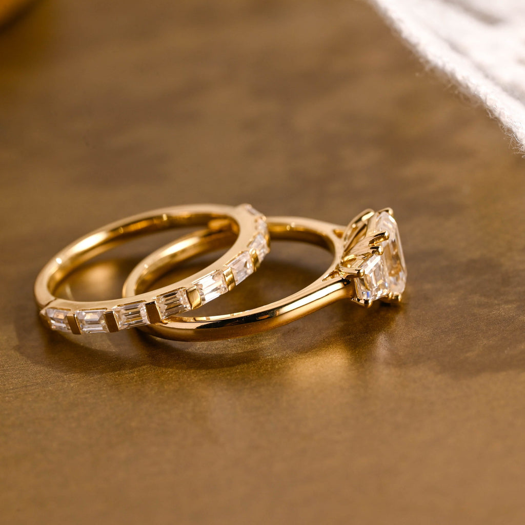 The Astoria Bridal Set - Emerald Cut Three Stone Ring with Baguette Band