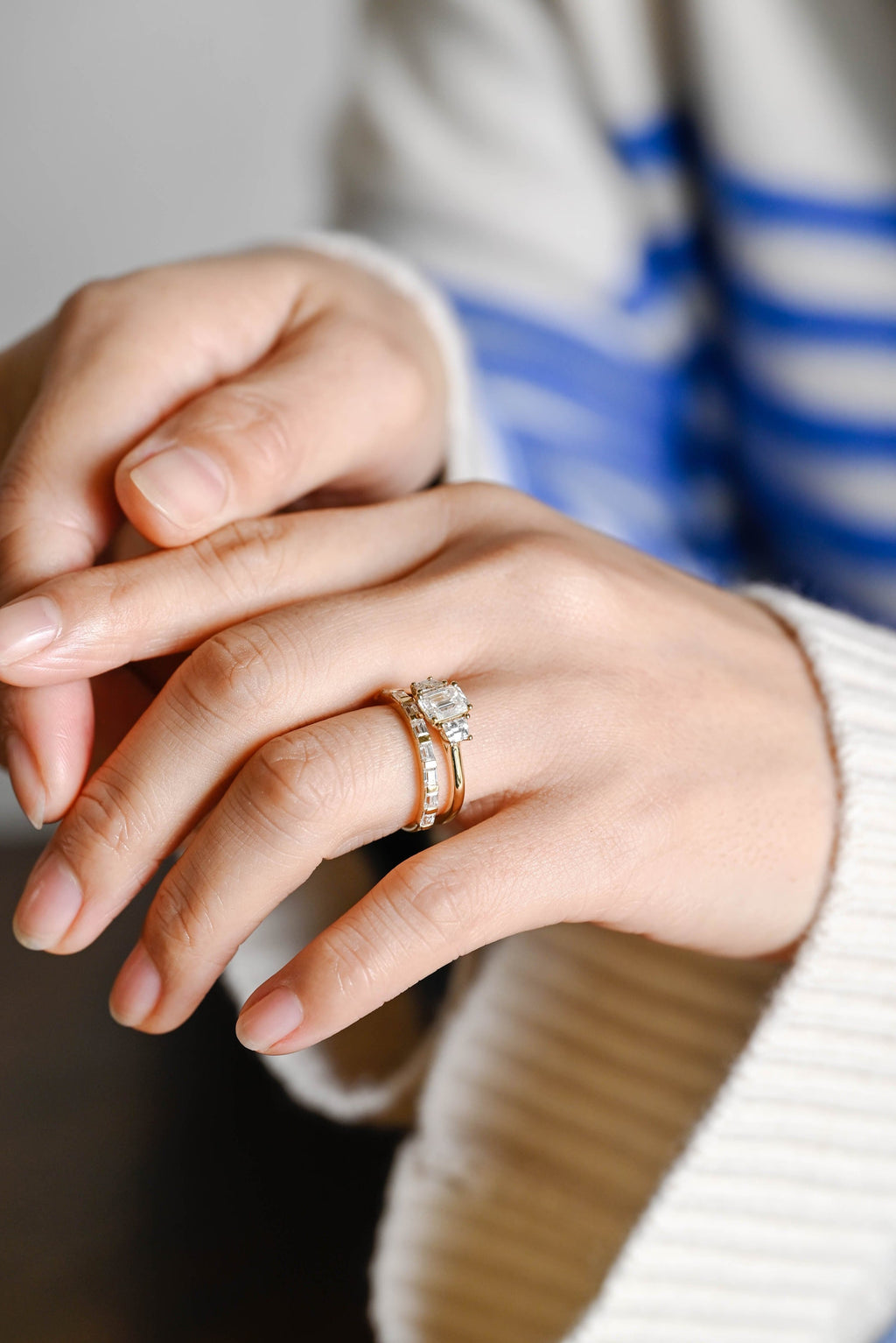 The Astoria Bridal Set - Emerald Cut Three Stone Ring with Baguette Band