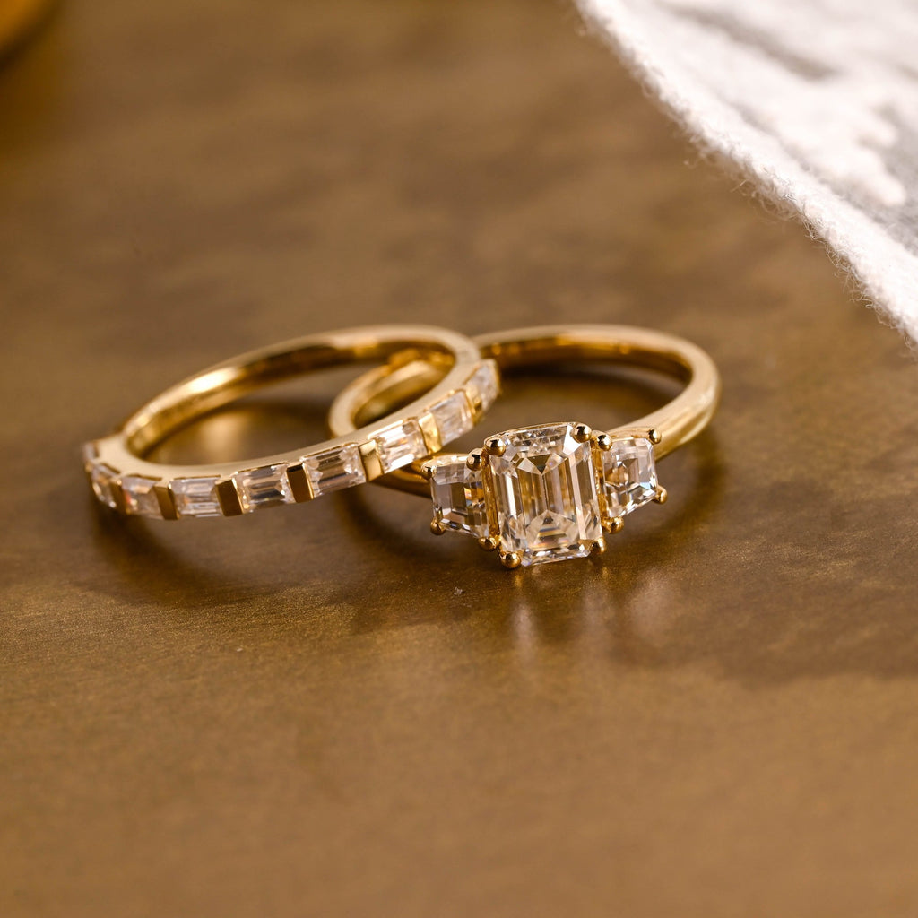 The Astoria Bridal Set - Emerald Cut Three Stone Ring with Baguette Band
