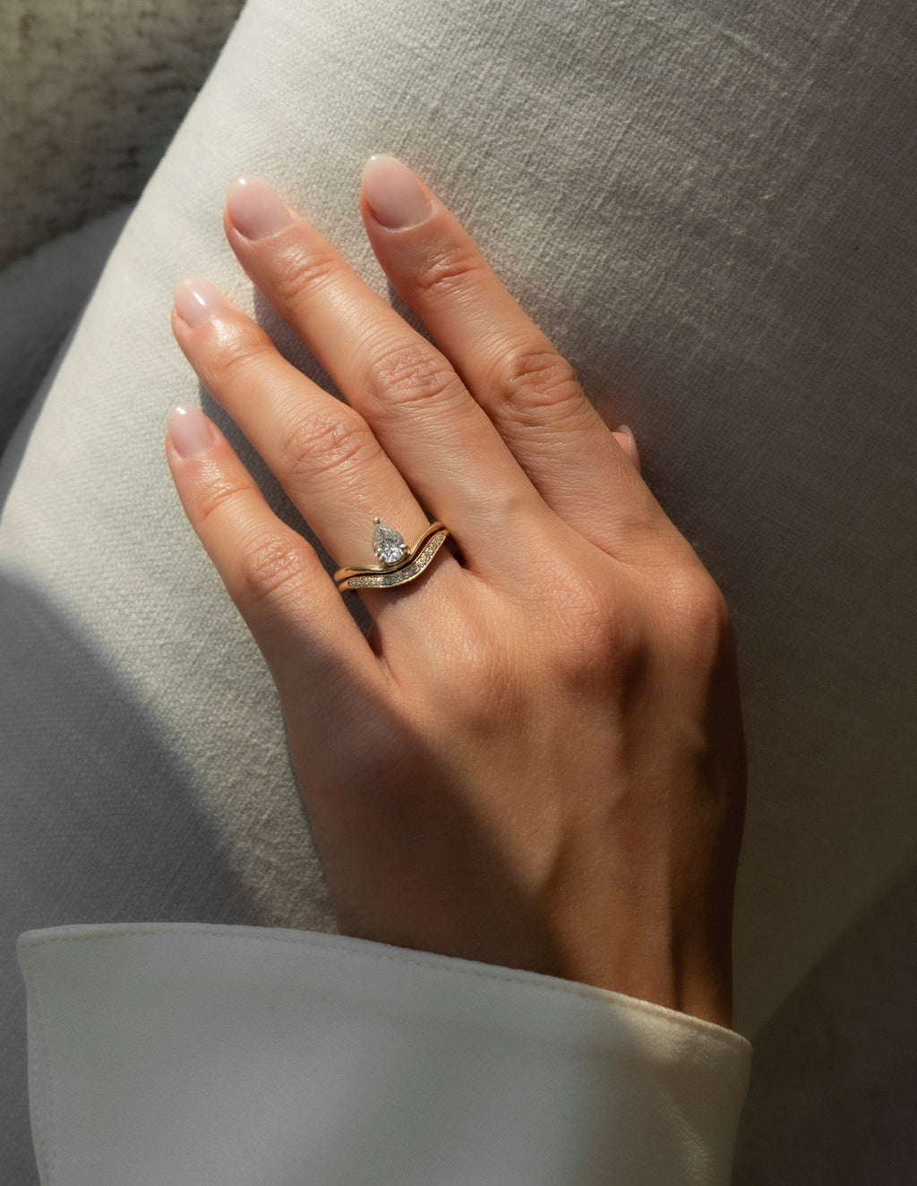 The Aurelia Bridal Set - Pear Diamond Ring with Curved Contour Band